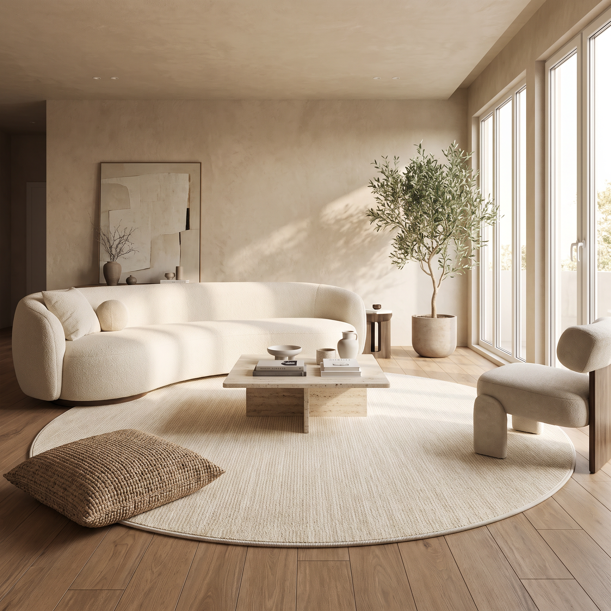 Cerchio Sereno round cream rug under a curved boucle sofa in a bright living room
