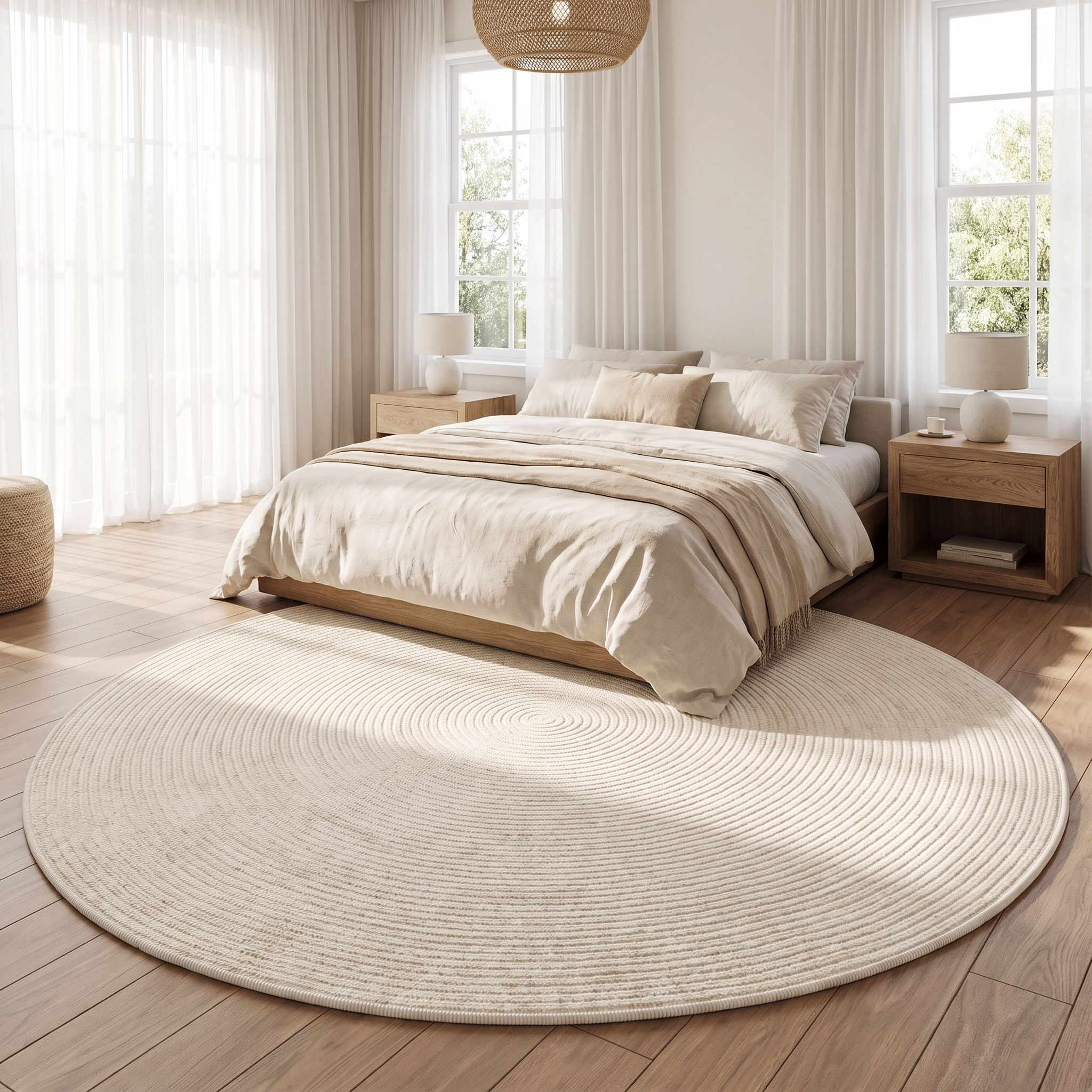 Cerchio Sereno round cream rug beneath a linen bed in a serene bedroom