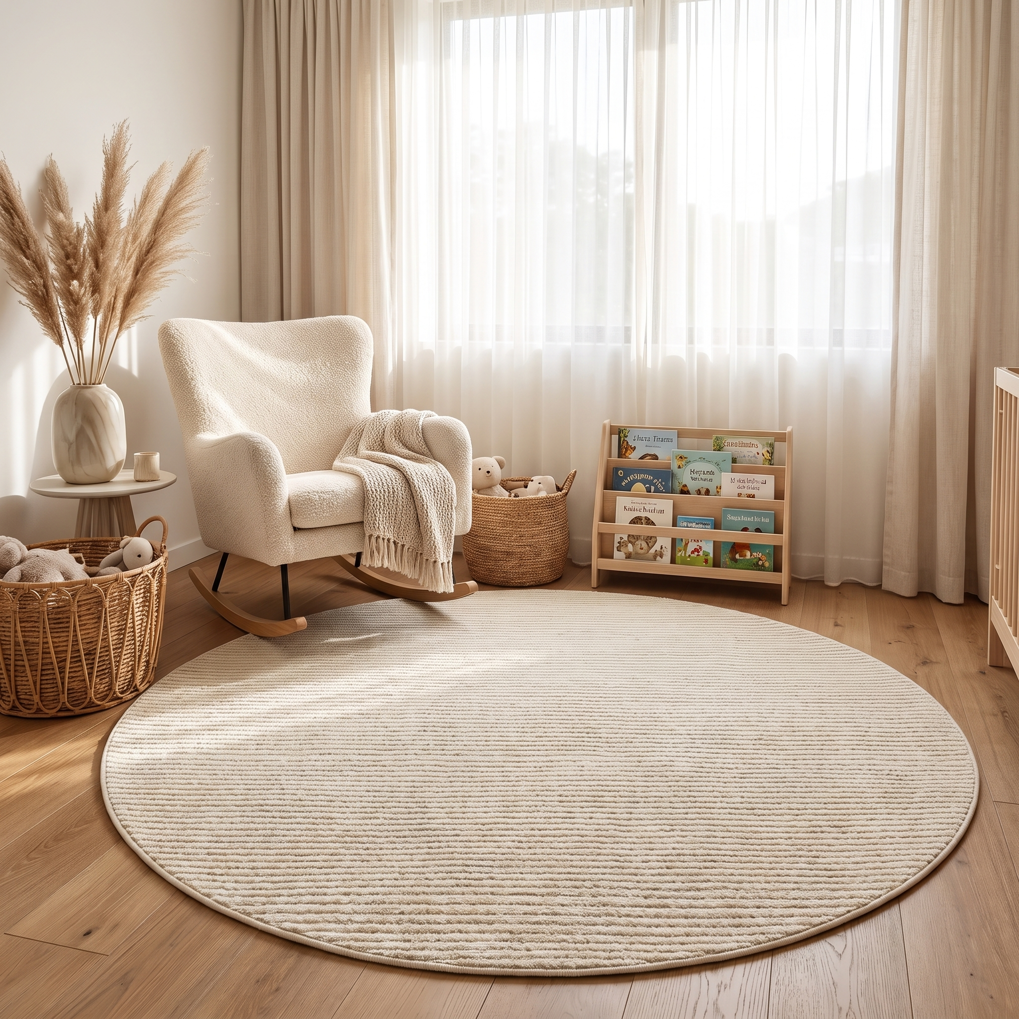 Cerchio Sereno round cream rug in a soft nursery reading corner