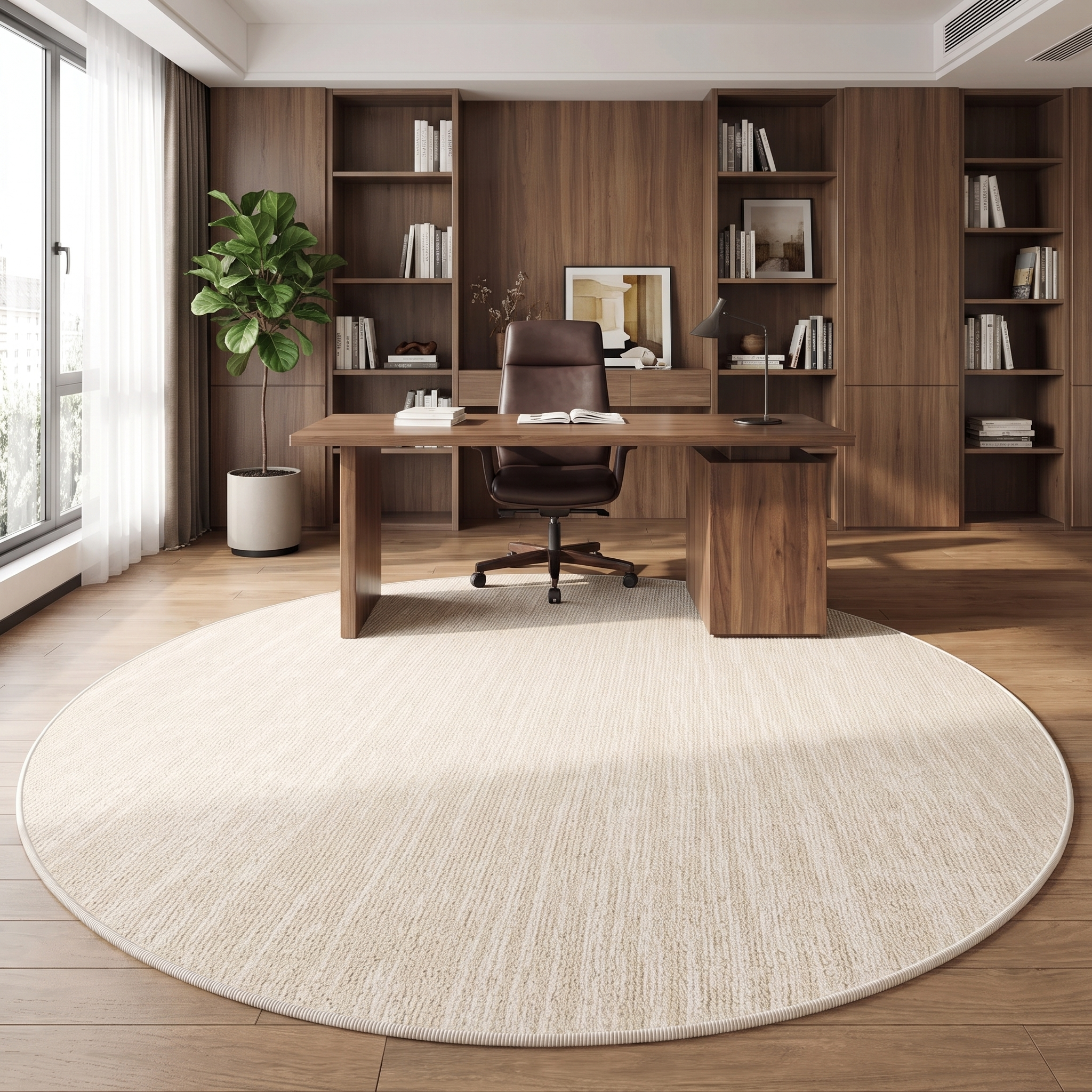Cerchio Sereno round cream rug in a bright home study