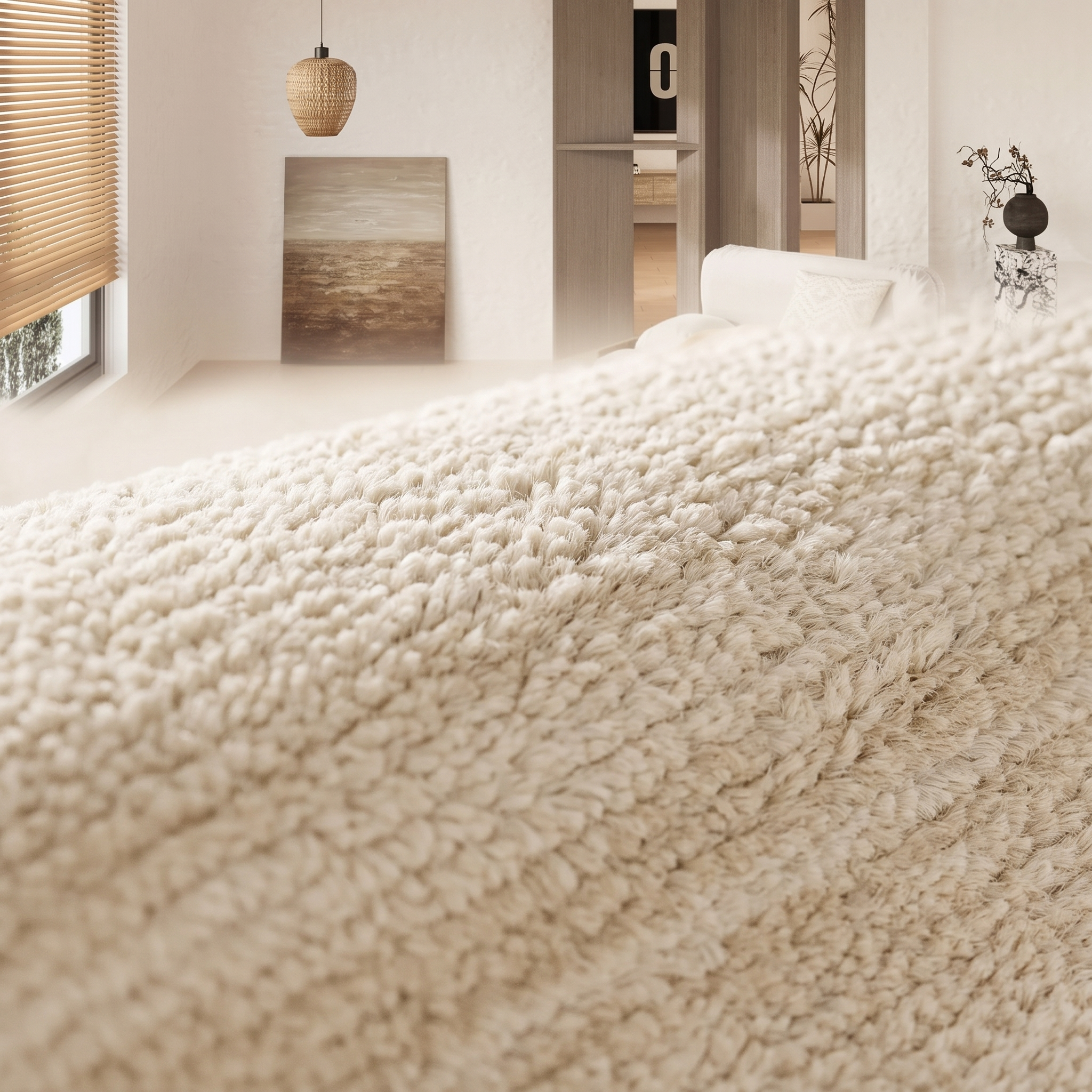 Macro detail of the soft cream plush rug weave