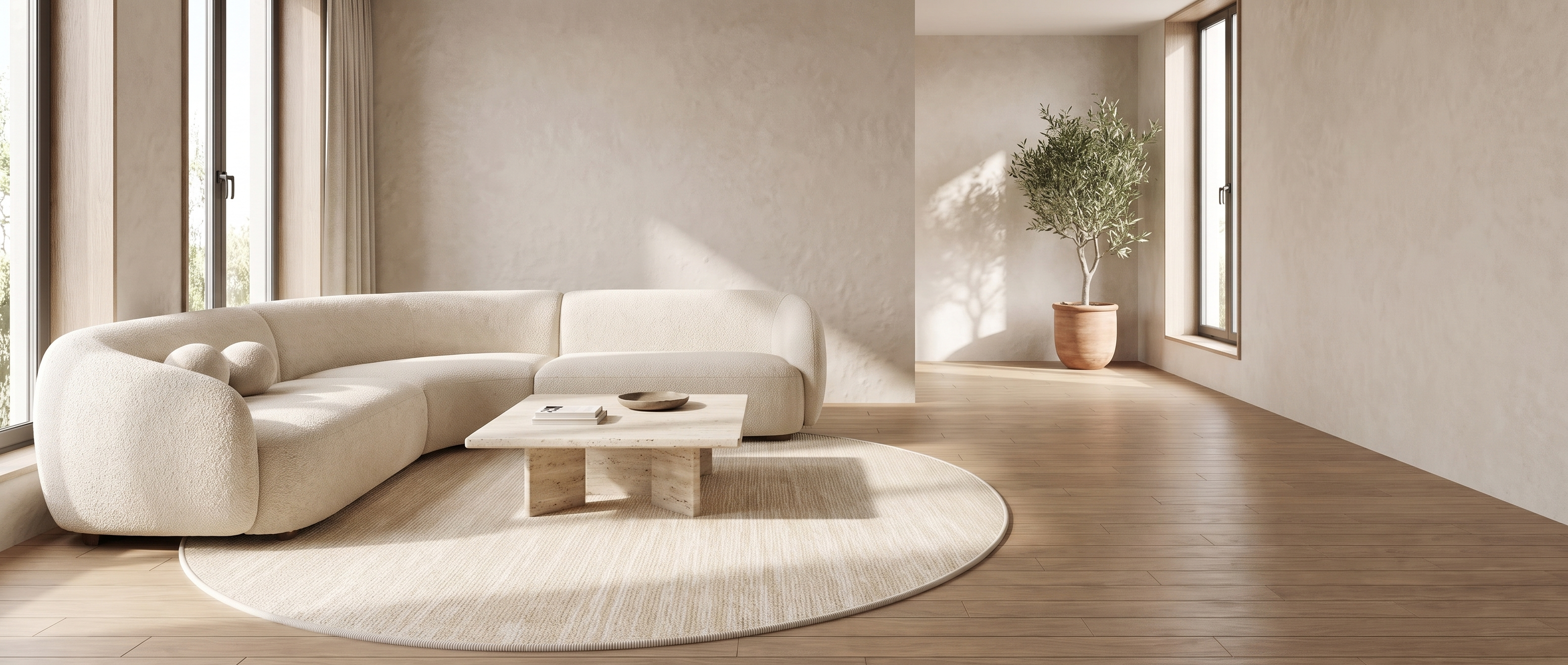 Cerchio Sereno round cream rug in a serene sunlit living room