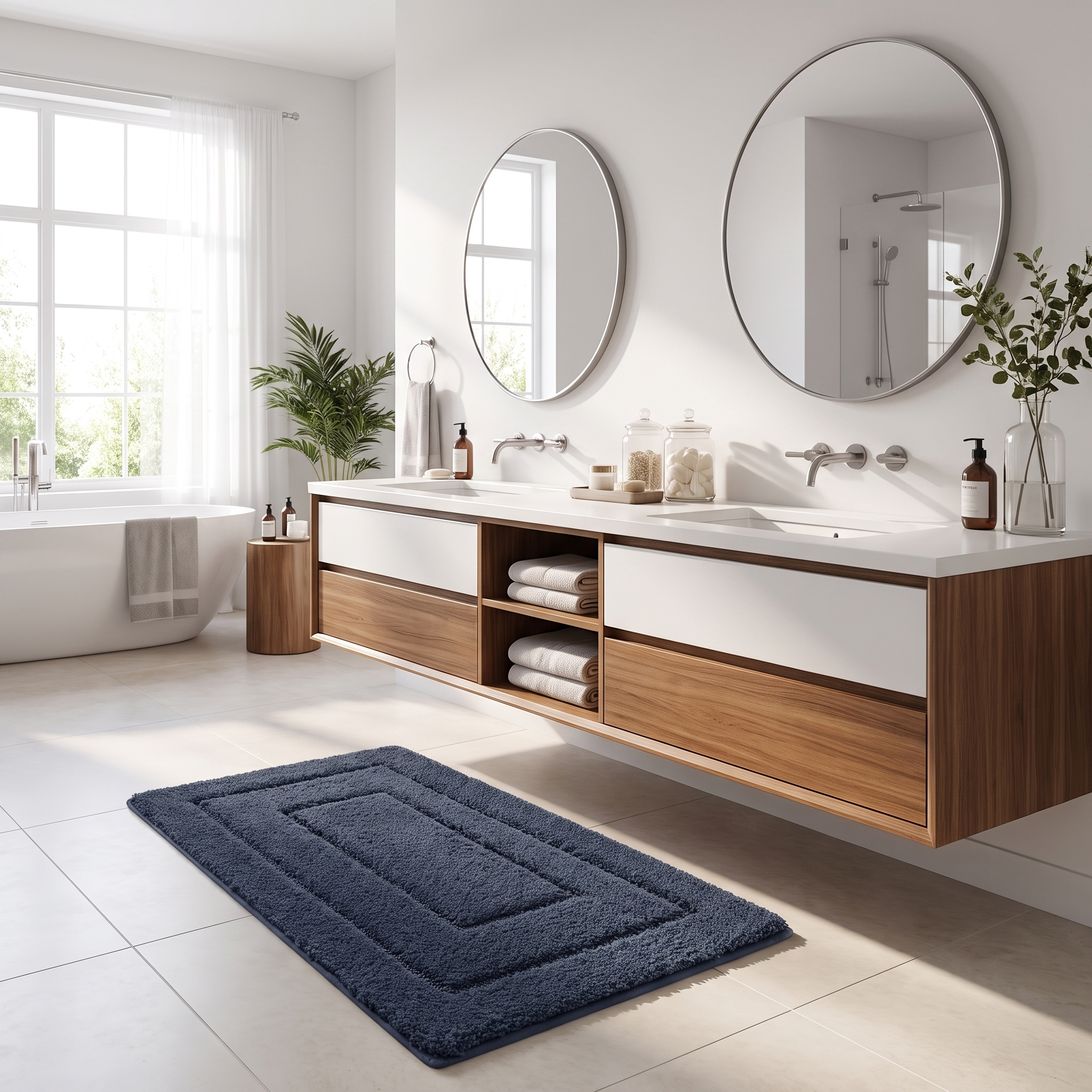 Navy plush bath mat before a double vanity in a modern bathroom