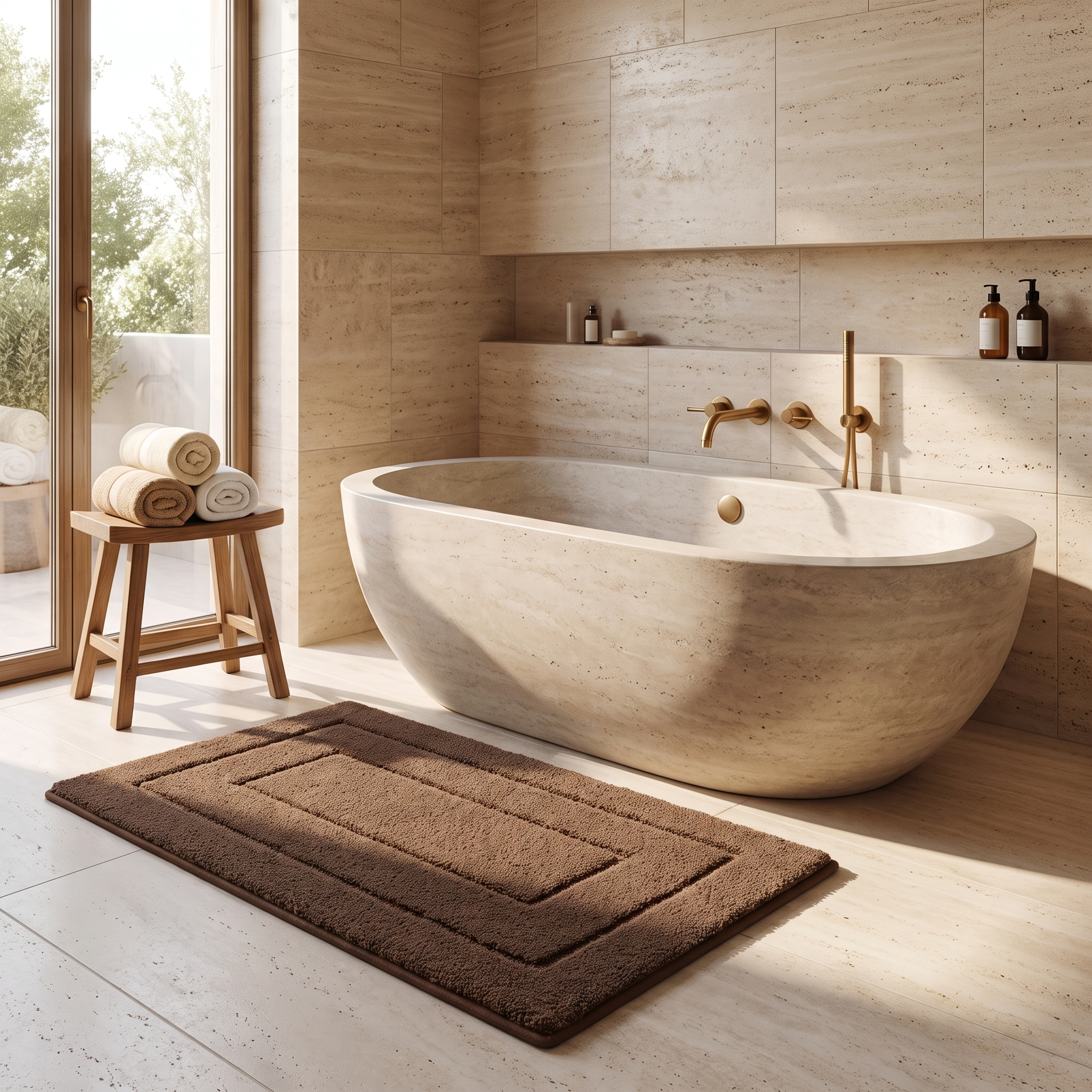 Coffee brown plush bath mat beside a stone soaking tub