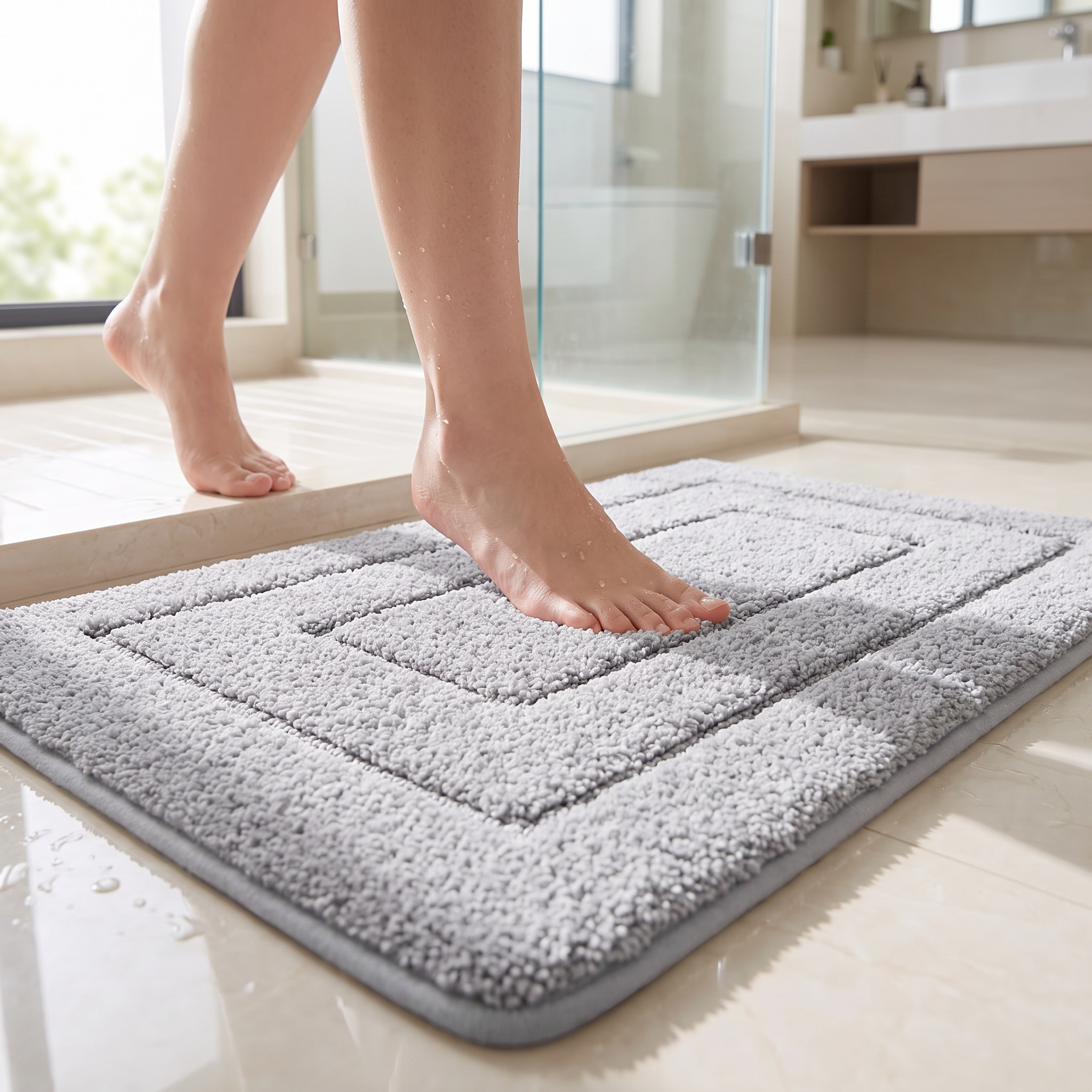 Bare feet stepping onto a light gray plush bath mat out of the shower