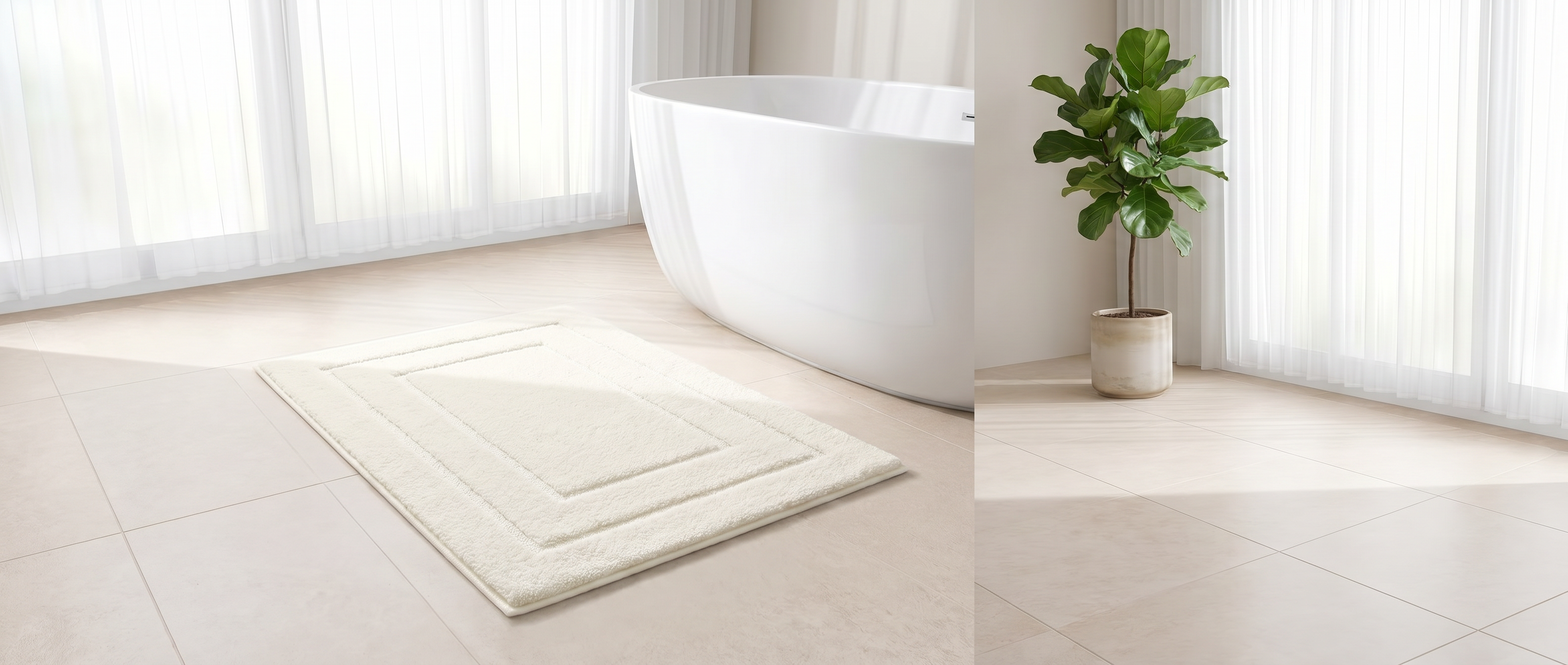 Ivory plush bath mat in a bright bathroom before a freestanding tub