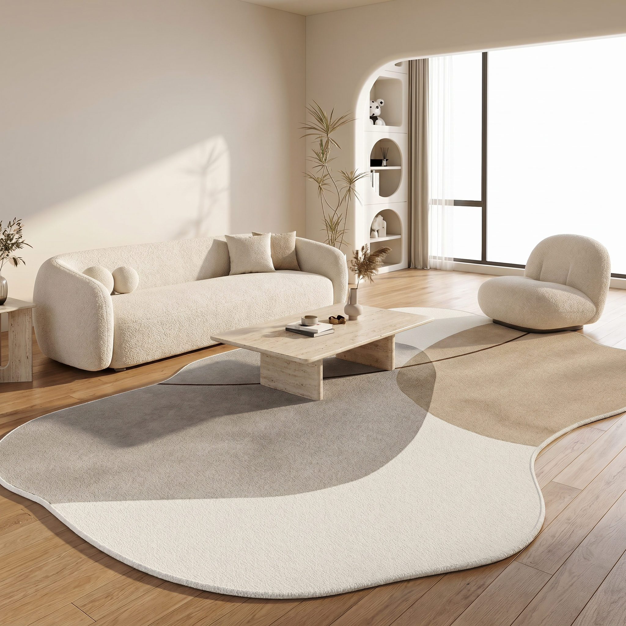 Grey wabi-sabi pebble rug under a boucle sofa in a bright living room