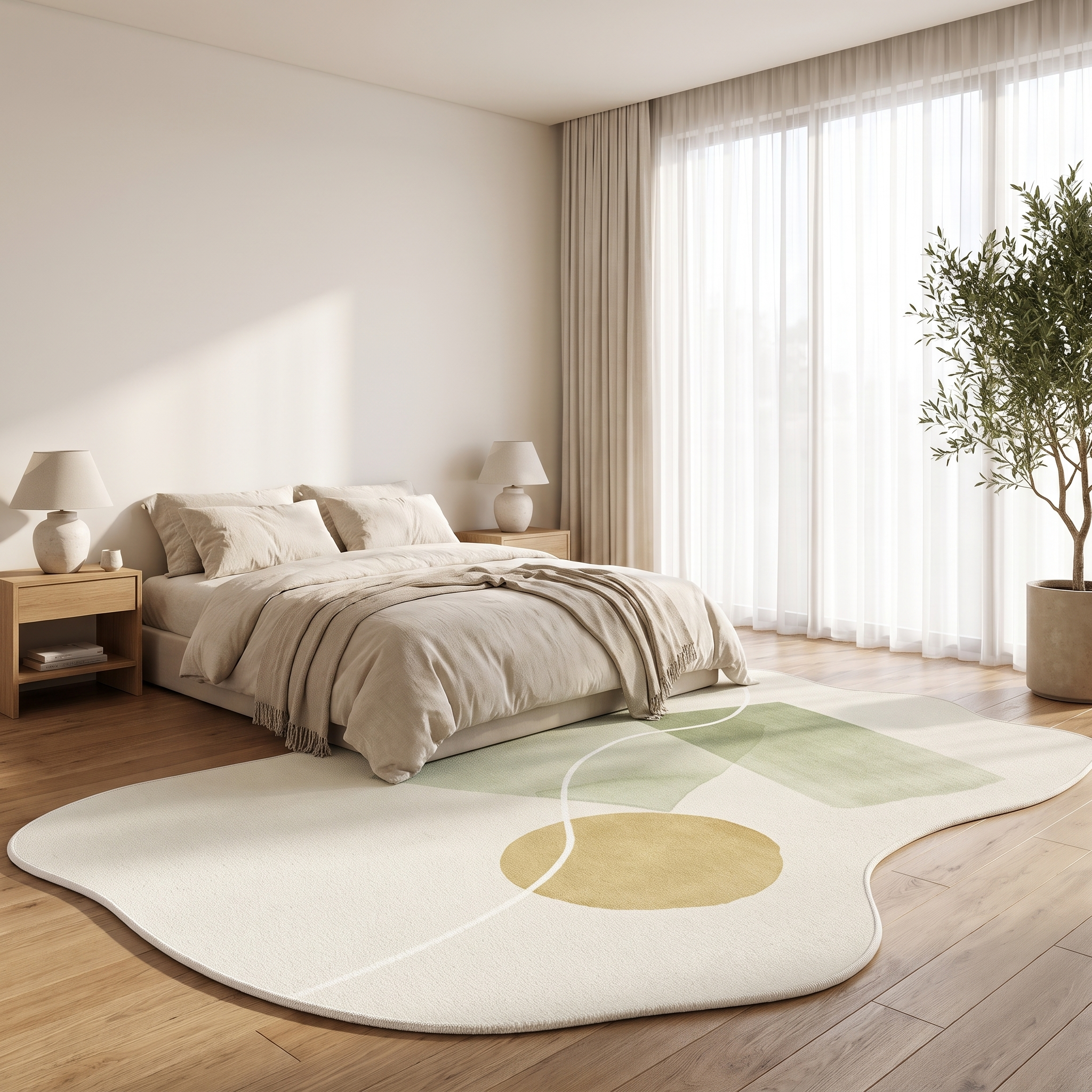 Sage green pebble rug beside a linen bed in a calm bedroom
