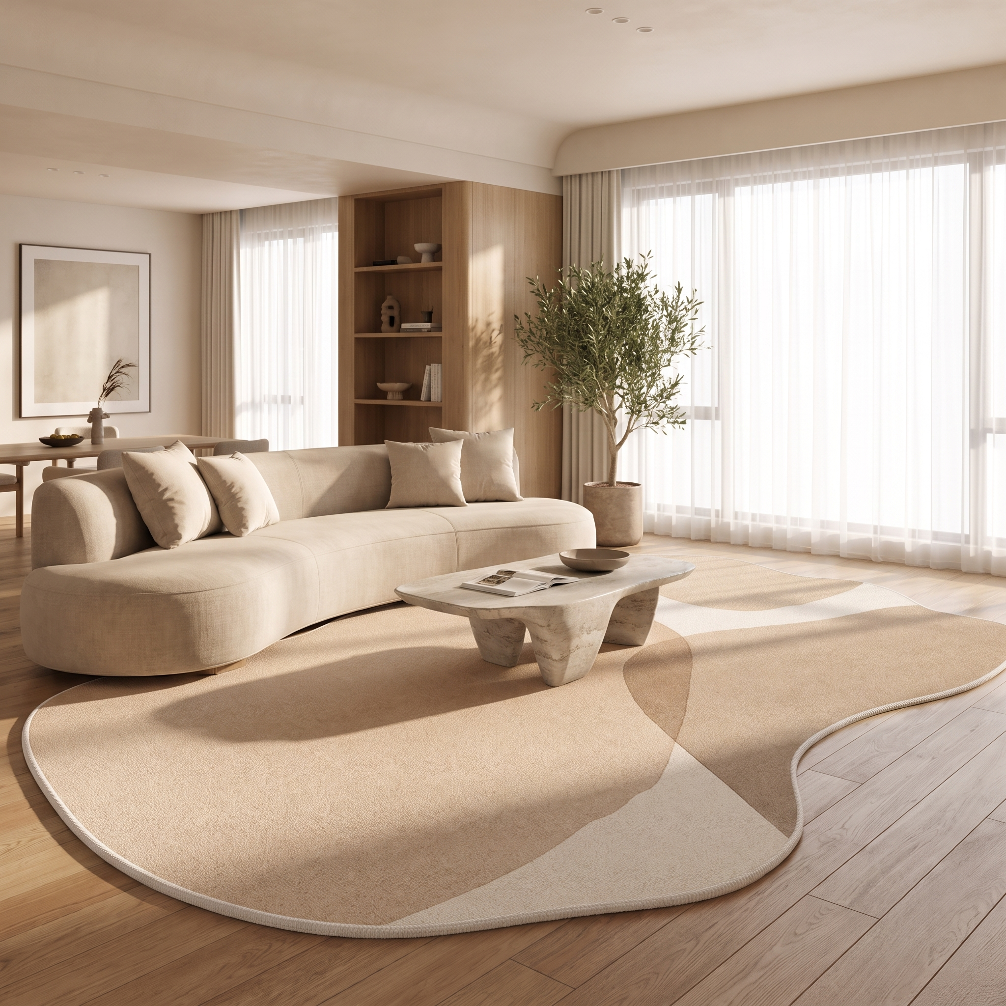 Sand and tan pebble rug in a bright living room