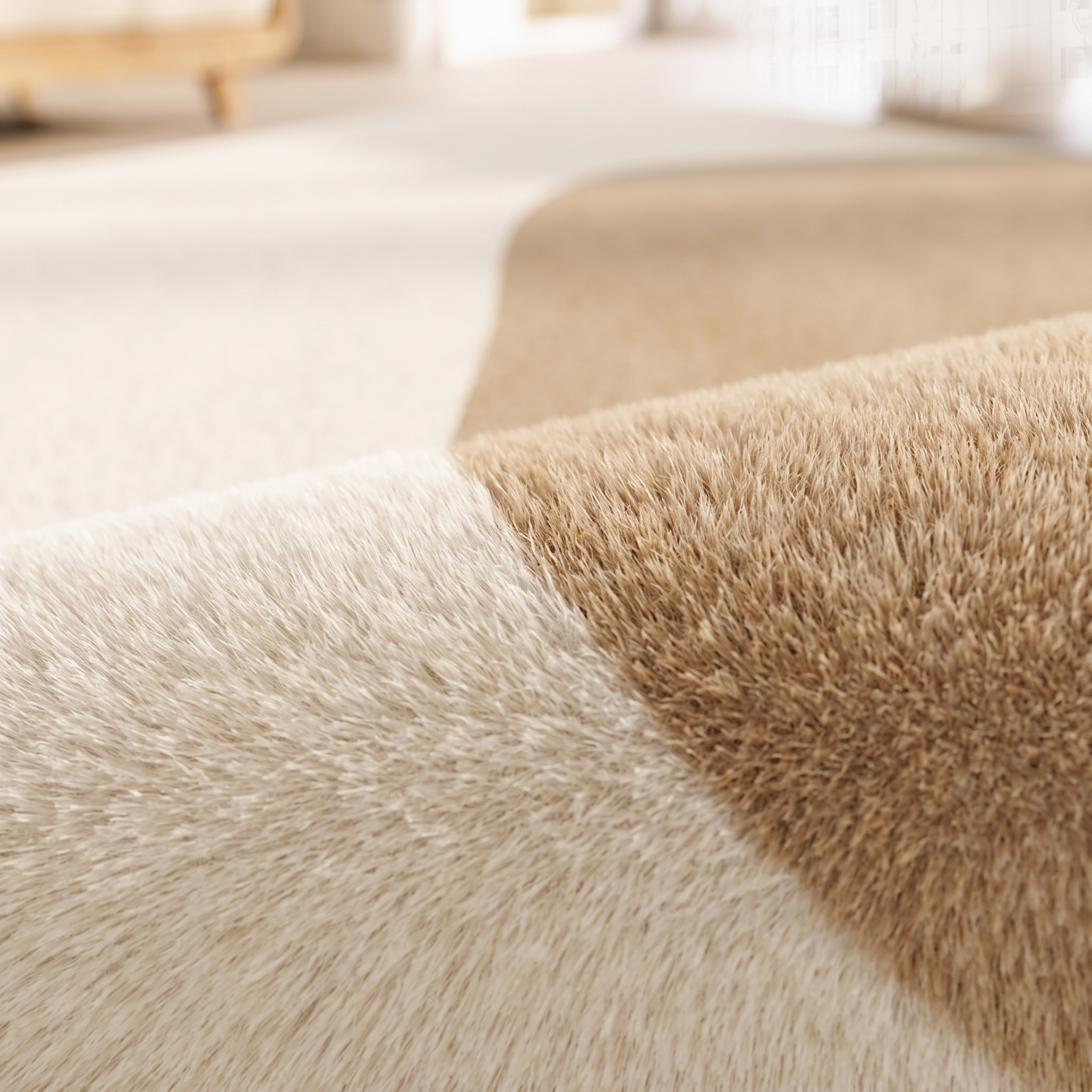 Macro detail of the plush pile and colour-block seam