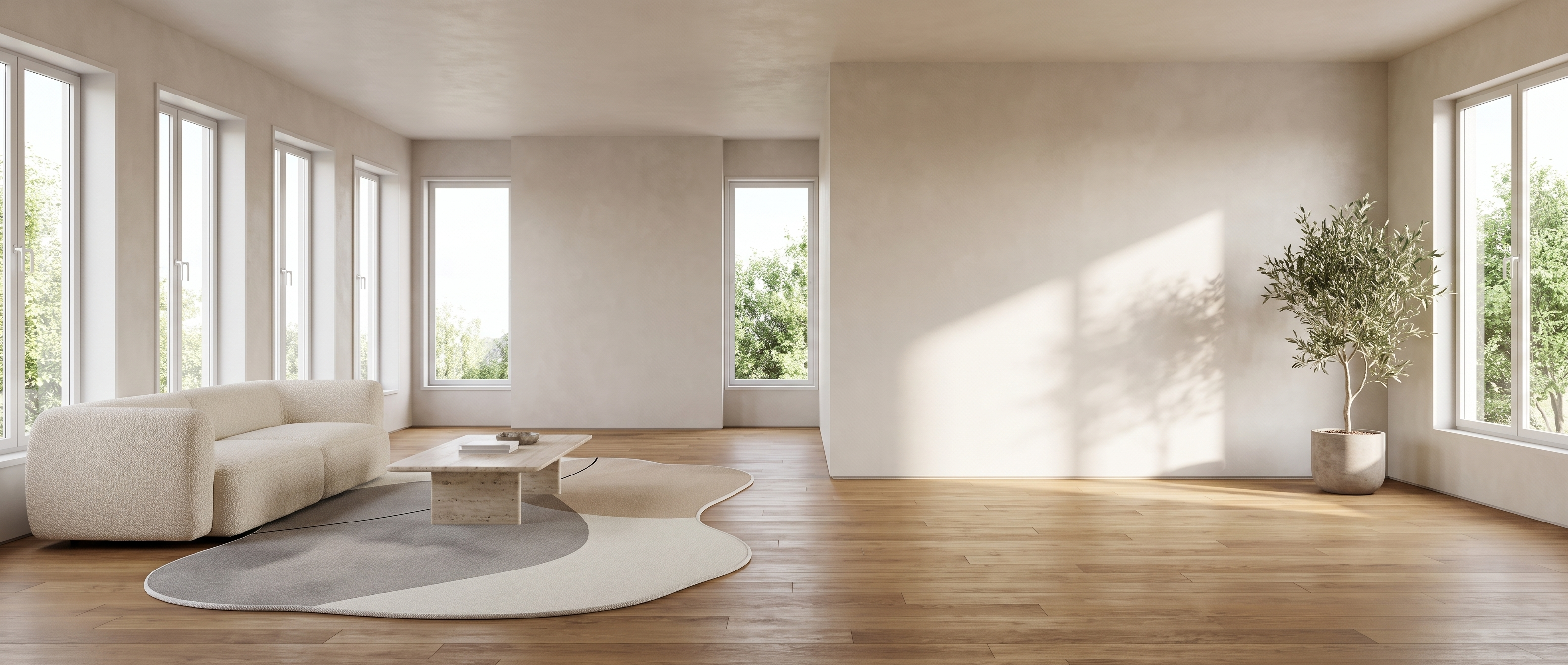 Grey wabi-sabi pebble rug in a bright serene living room