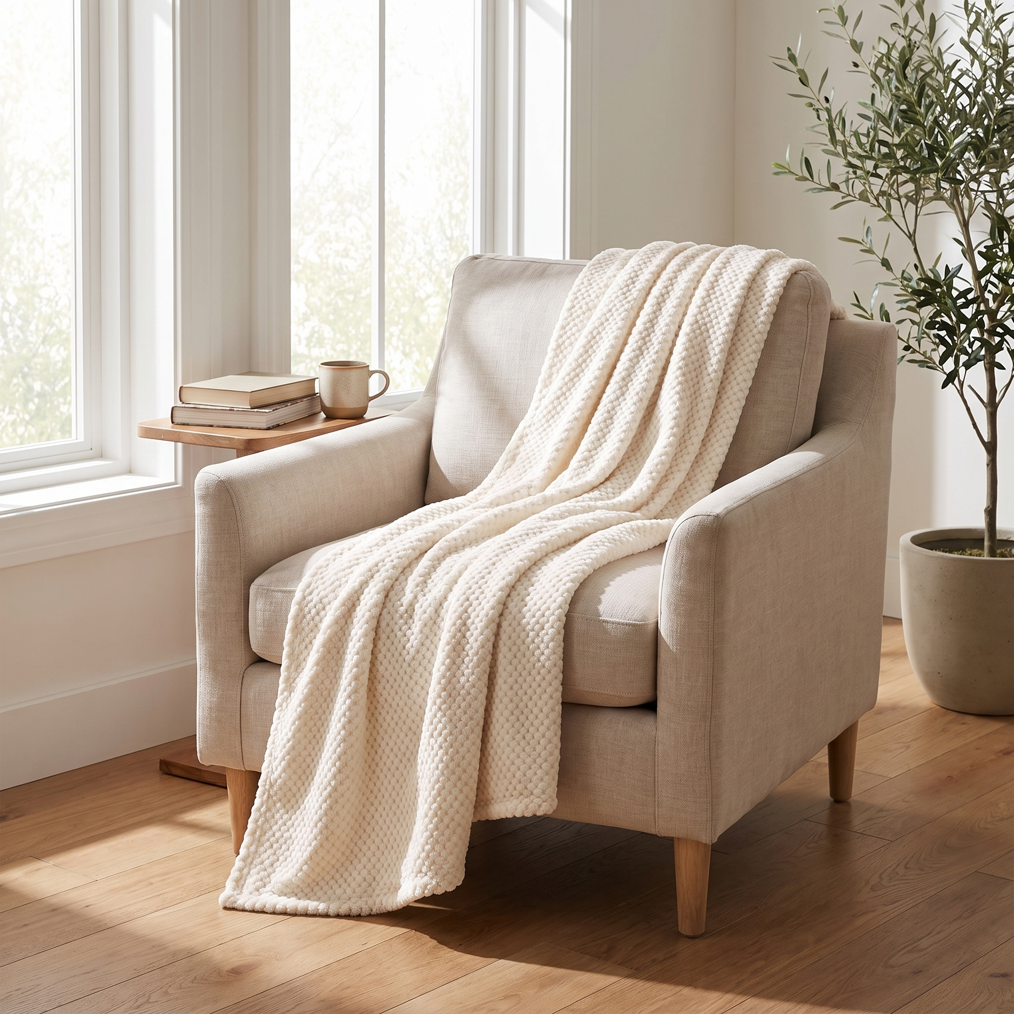 ZCLS Cream throw draped over a reading armchair