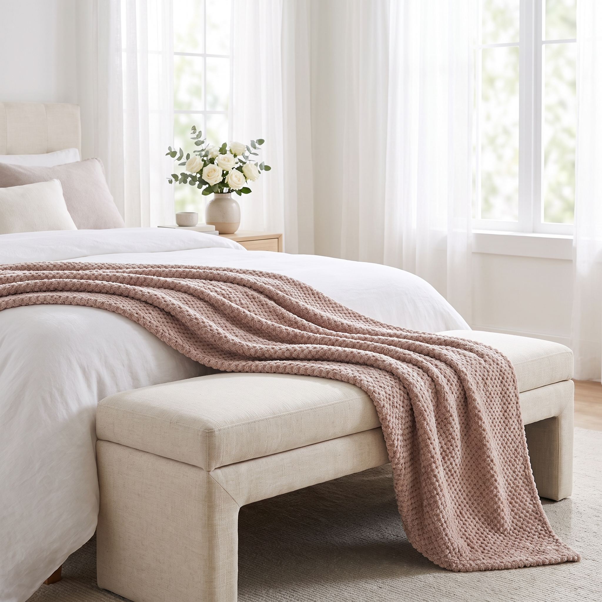 ZCLS Blush throw draped over a bedroom bench