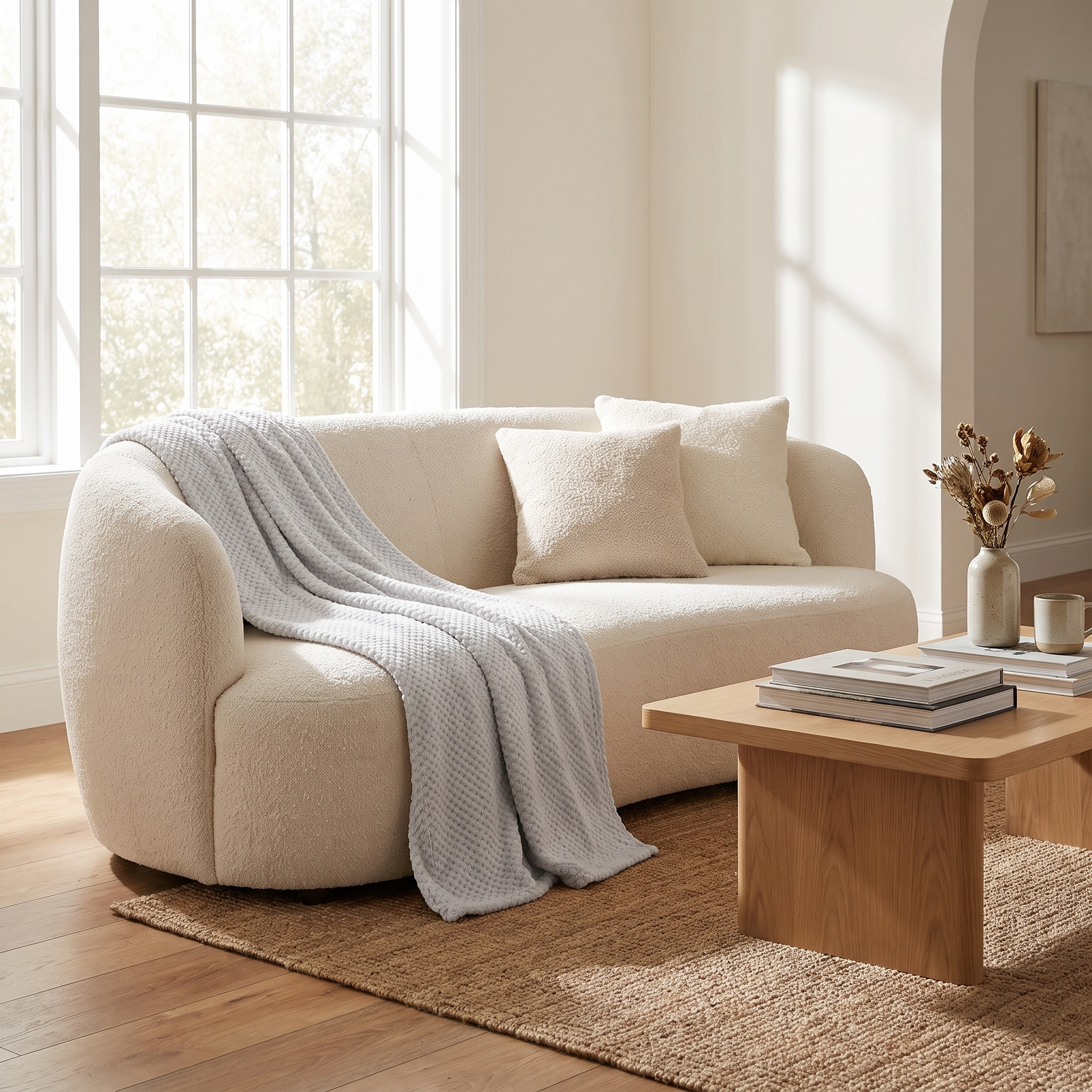 ZCLS Grey throw over a living room sofa