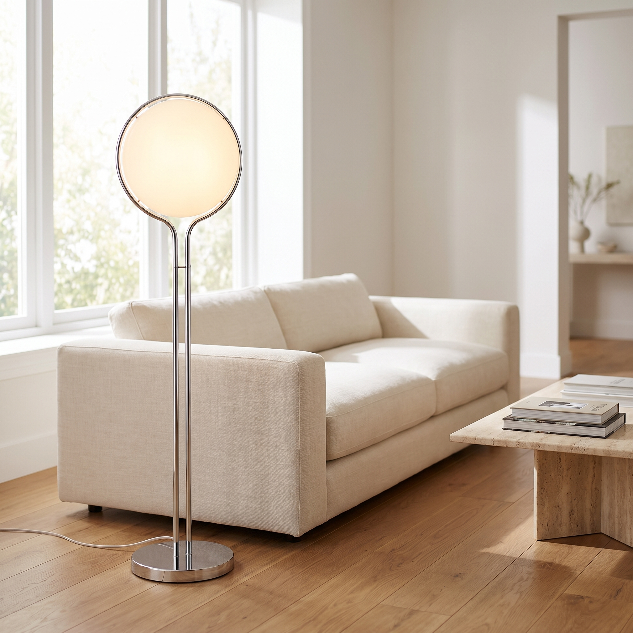 ZCLS Luna Velata floor lamp glowing beside a living room sofa