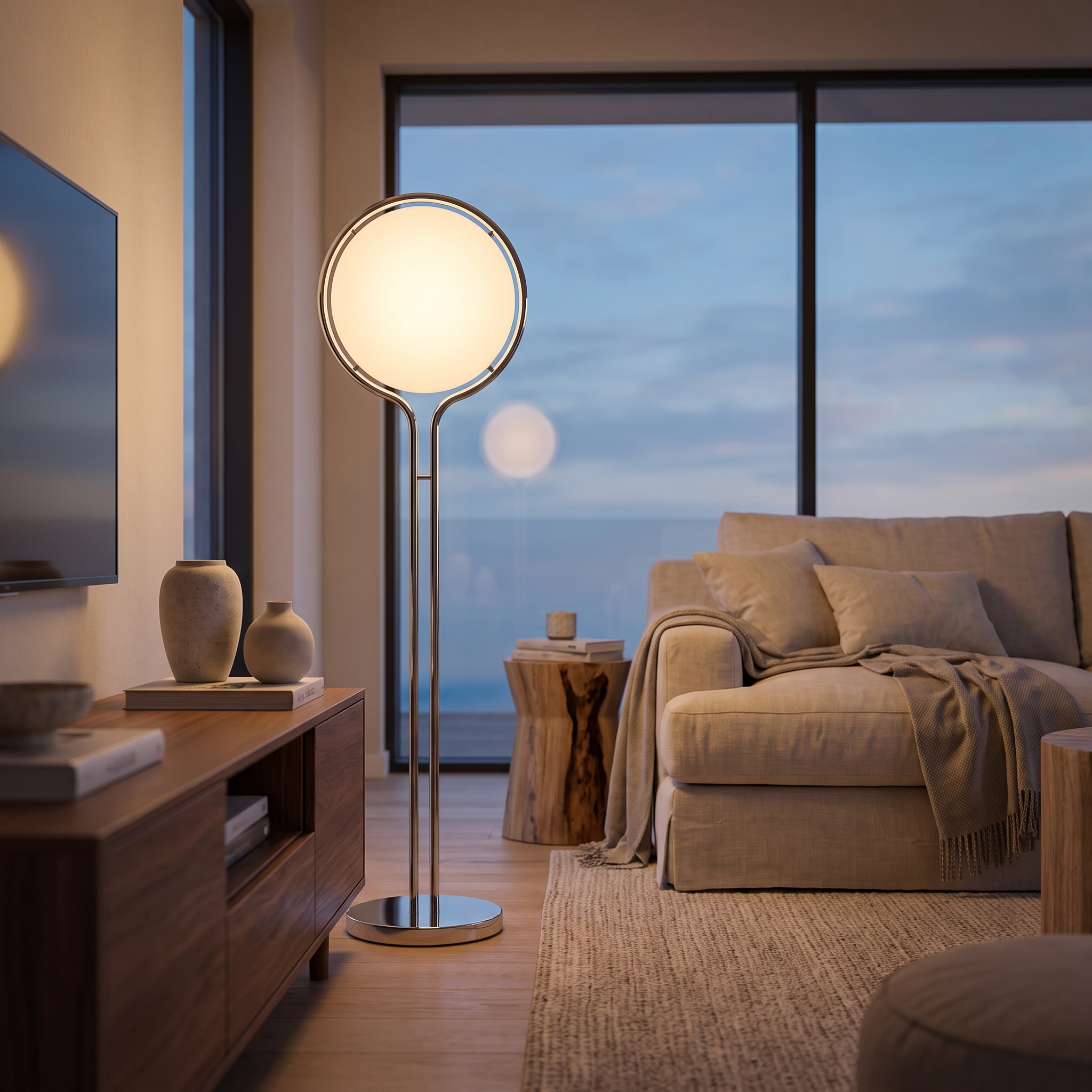 ZCLS Luna Velata floor lamp beside a media console