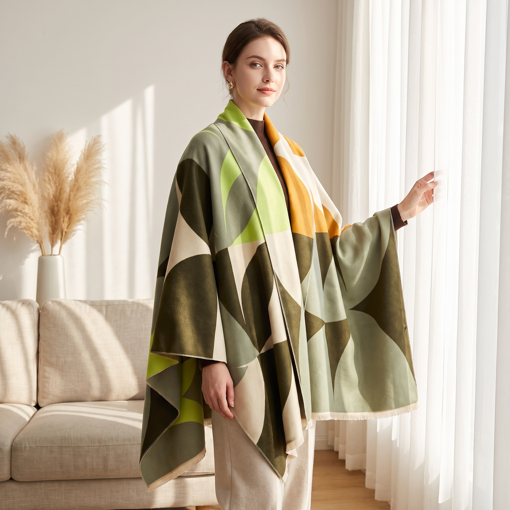 Woman wearing olive green geometric reversible wrap poncho by a sunlit window