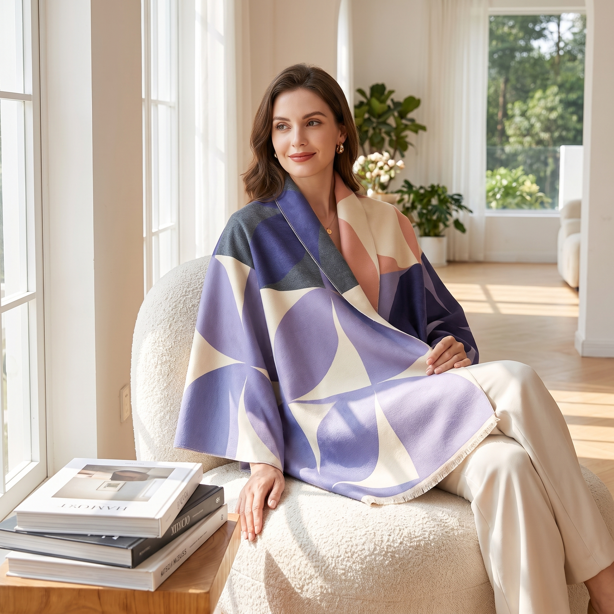Woman wearing violet geometric reversible wrap poncho in a bright reading nook