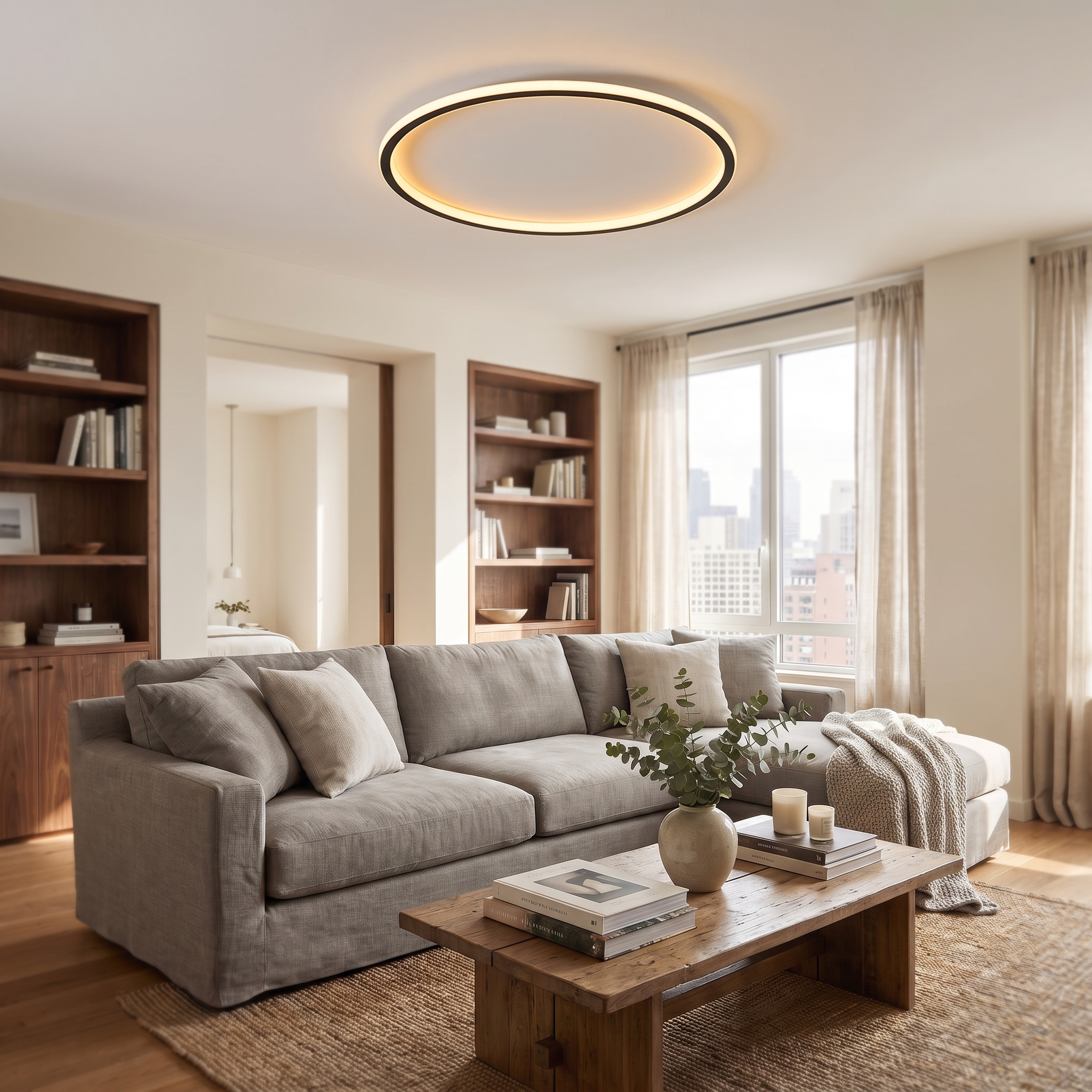 Luce Aurora black halo ceiling light warm glow in a modern living room