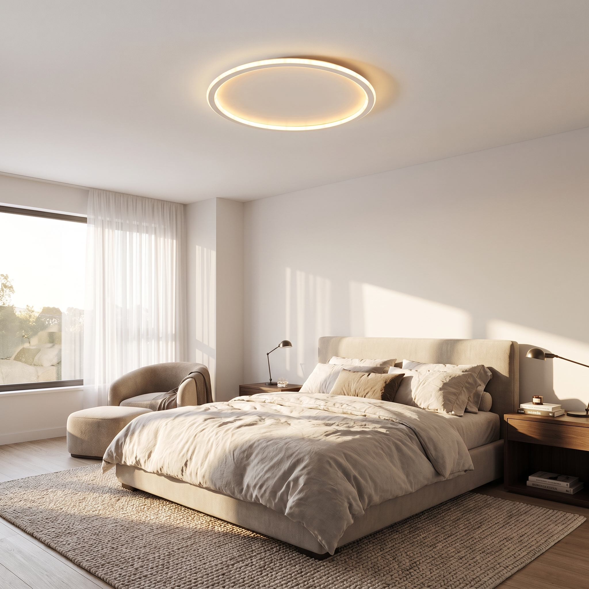 Luce Aurora white halo ceiling light warm glow in a serene master bedroom