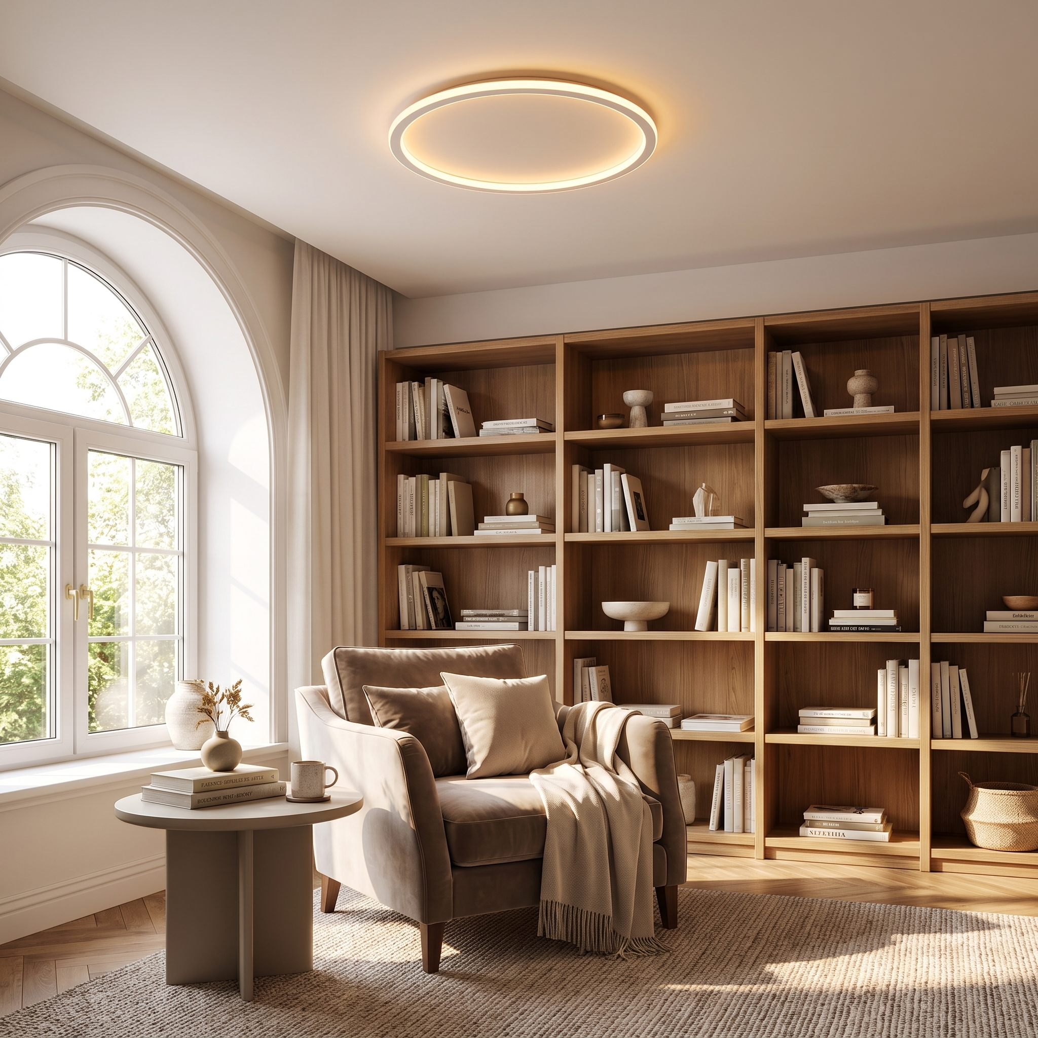 Luce Aurora white halo ceiling light in a refined study and reading nook