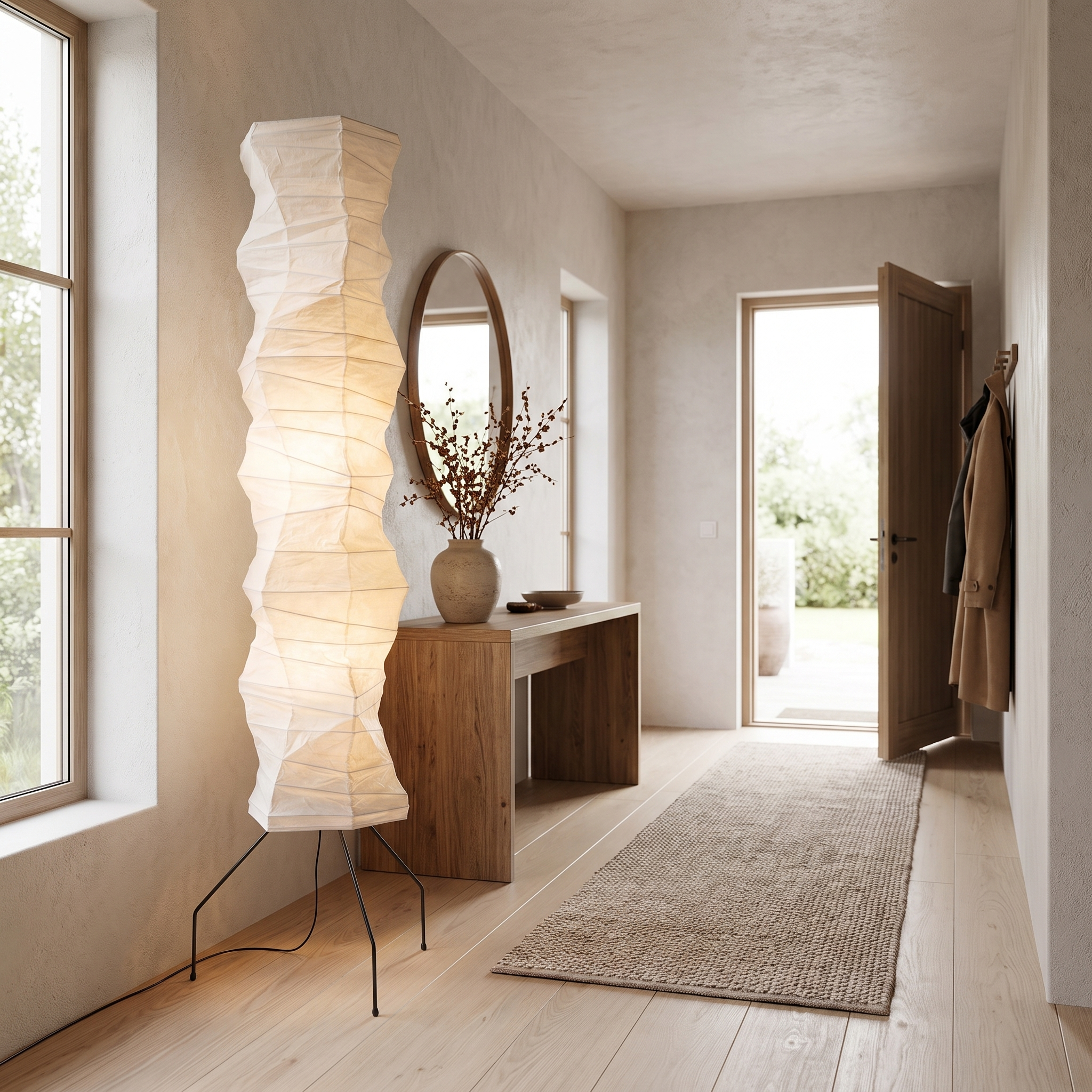 Luna Velata rice paper floor lamp in a bright entryway foyer