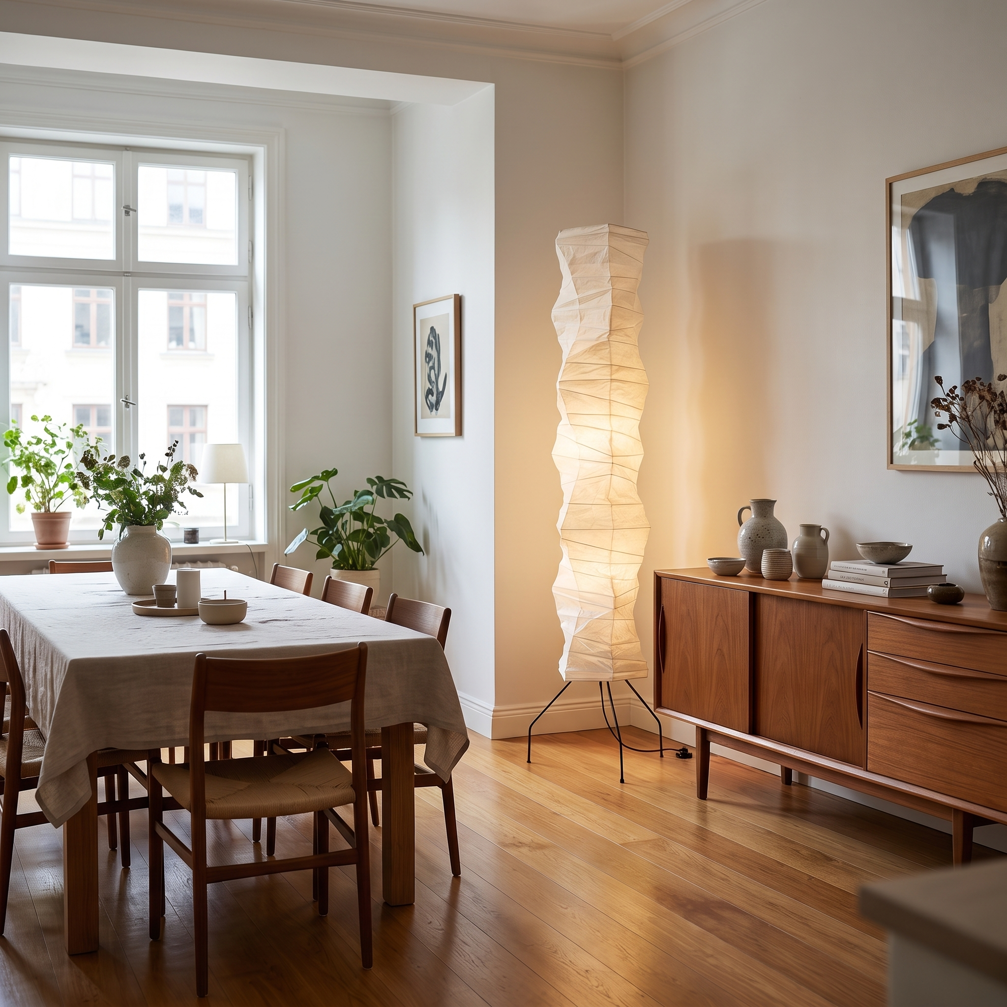 Luna Velata rice paper floor lamp in a contemporary dining area