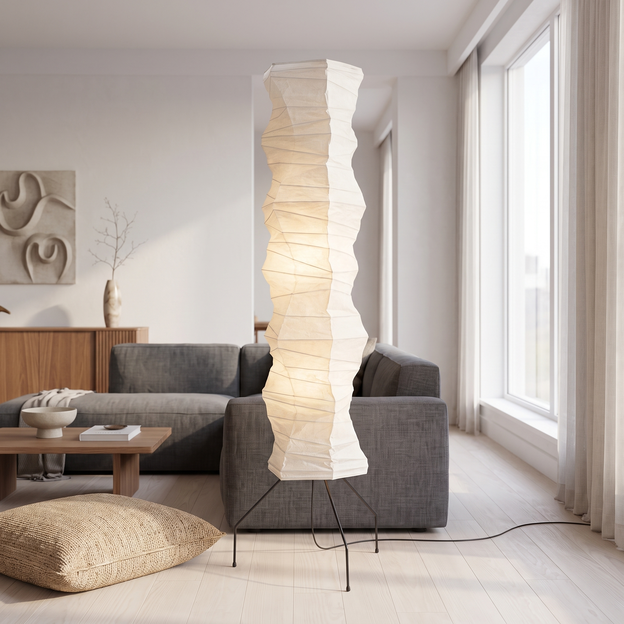 Luna Velata rice paper floor lamp in an airy minimalist loft