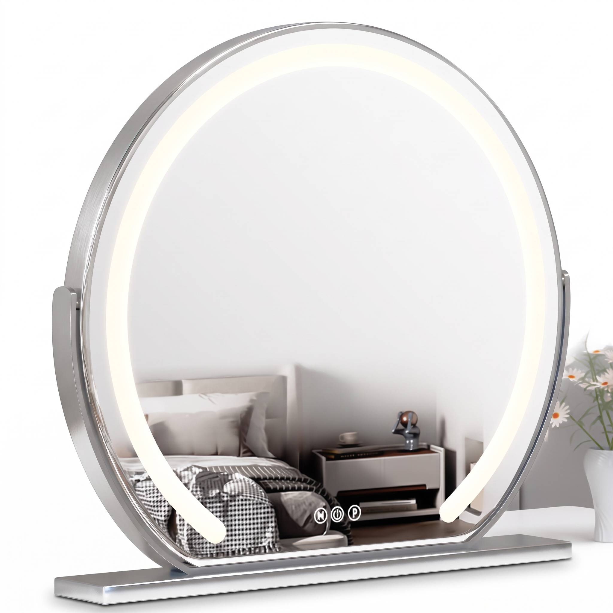 Bella Luce silver round lighted vanity mirror with LED ring