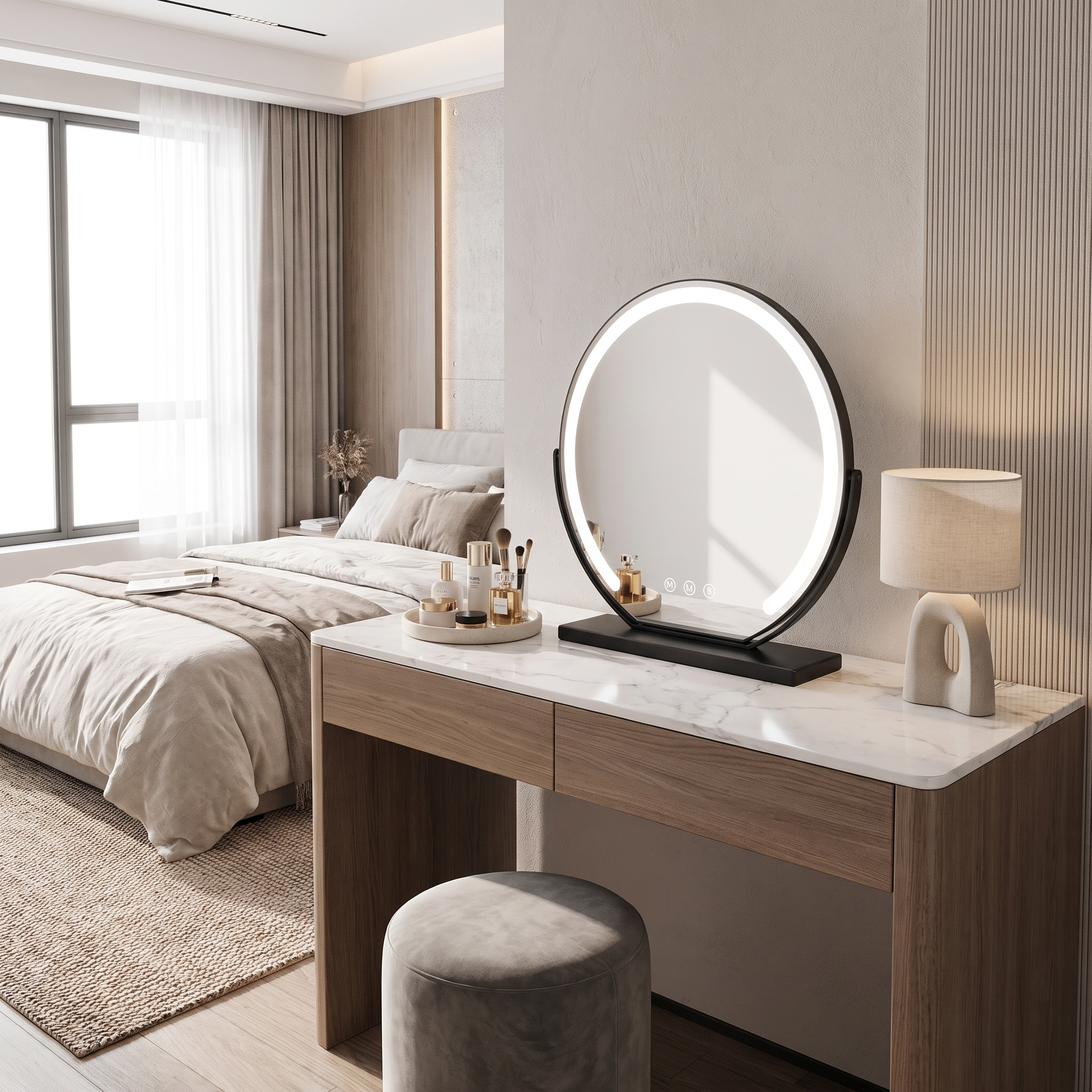Bella Luce black lighted vanity mirror on a chic dressing table