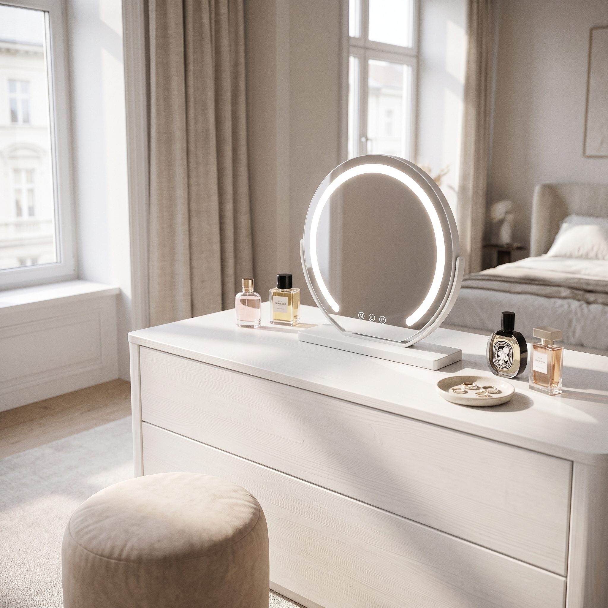 Bella Luce white lighted vanity mirror in a bright makeup corner