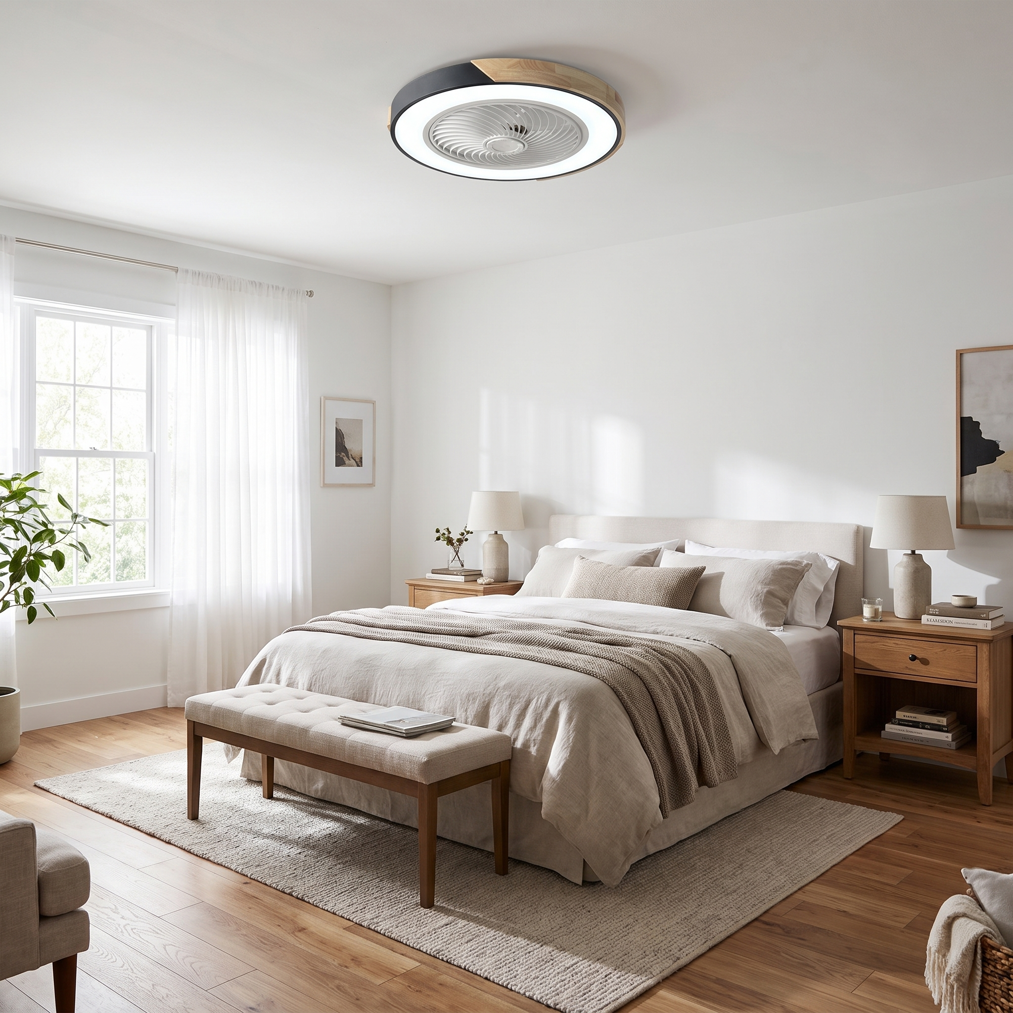 Aria Nordica black round ceiling fan light in a bright modern bedroom, full room