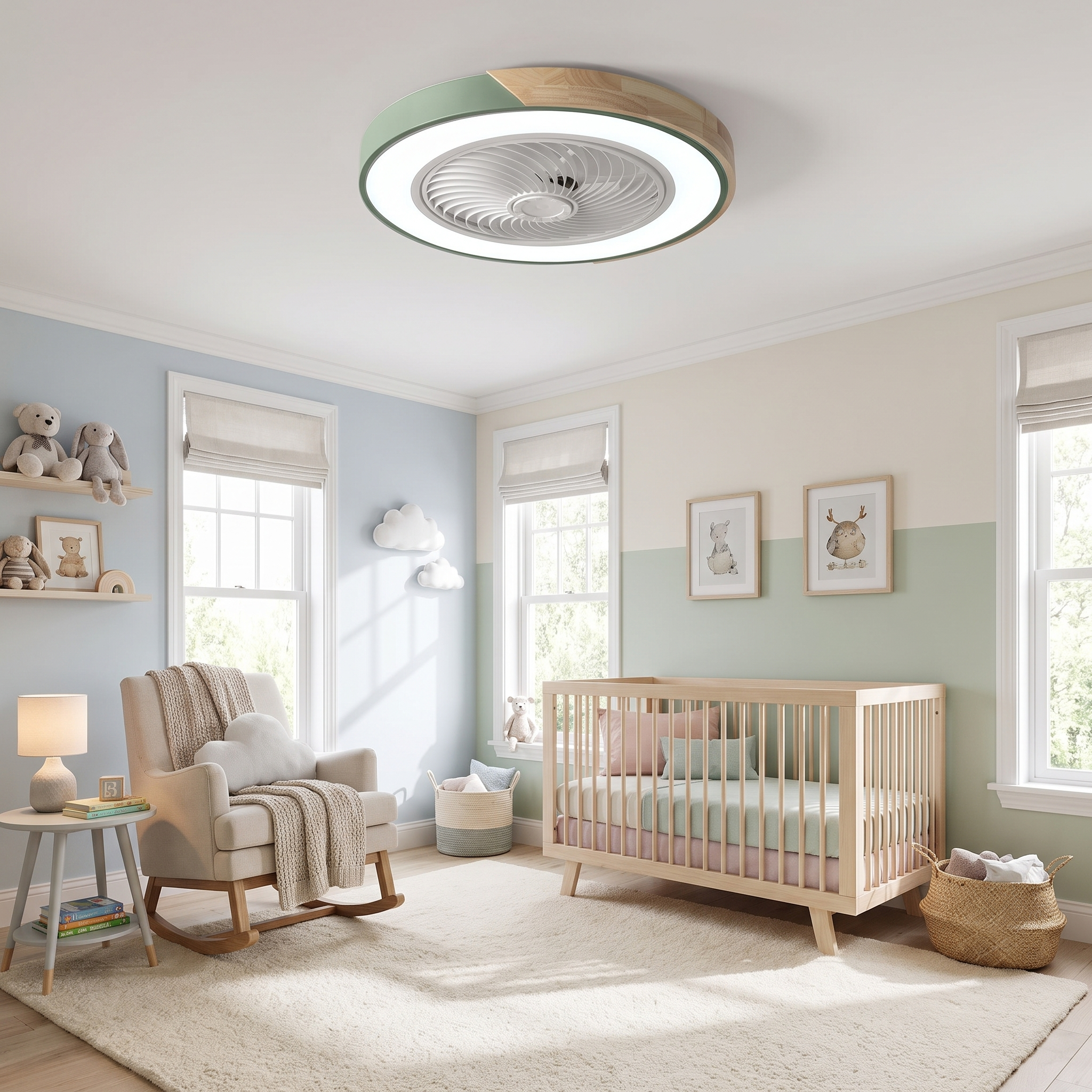 Aria Nordica sage green ceiling fan light in a serene nursery