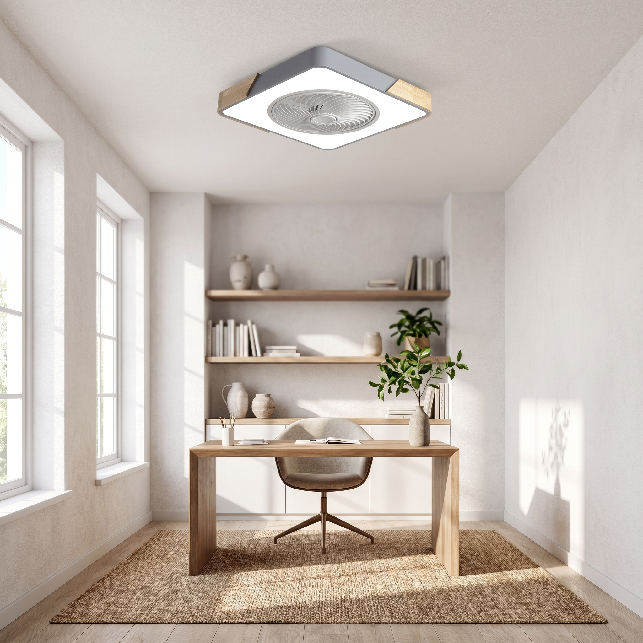 Aria Nordica gray square ceiling fan light in a minimalist home office, full room