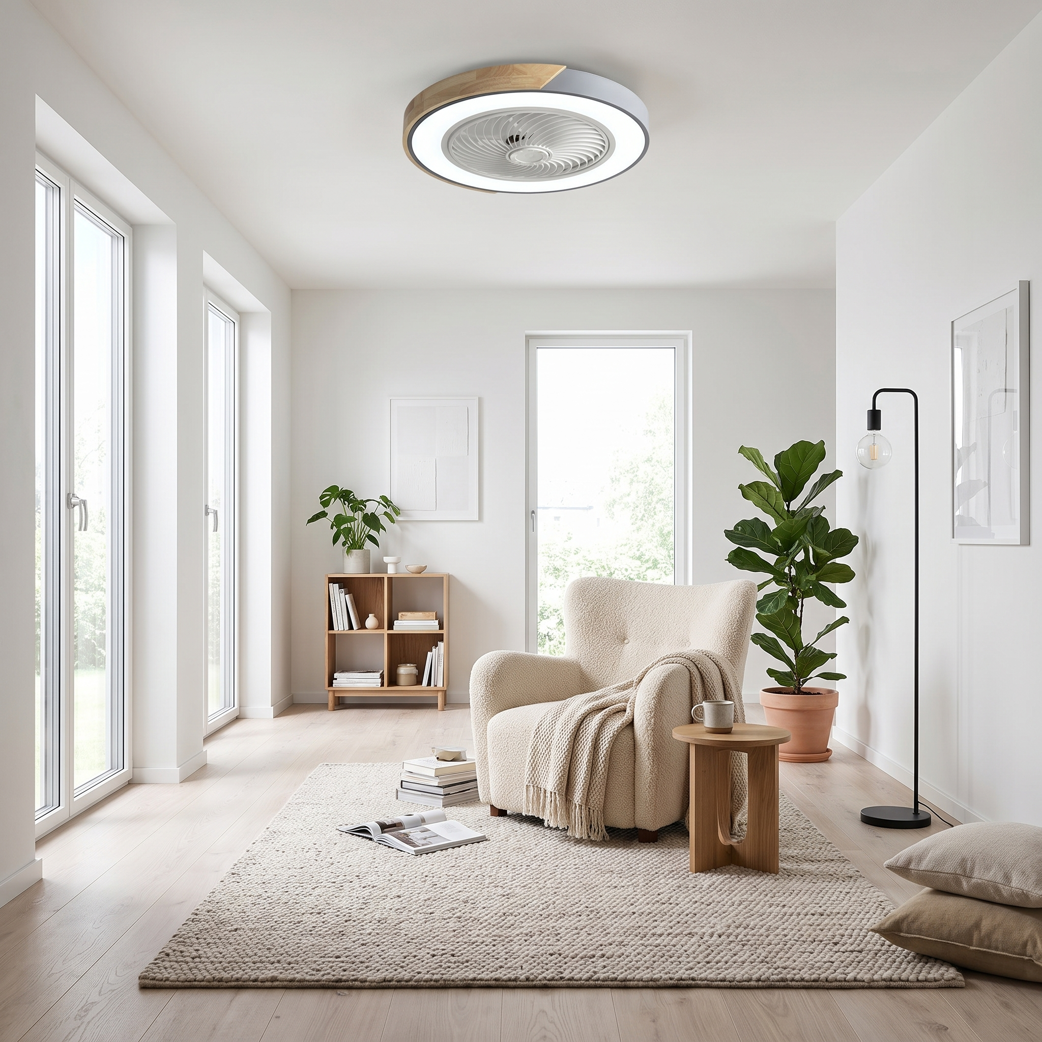 Aria Nordica white round ceiling fan light in a Scandinavian living room, full room