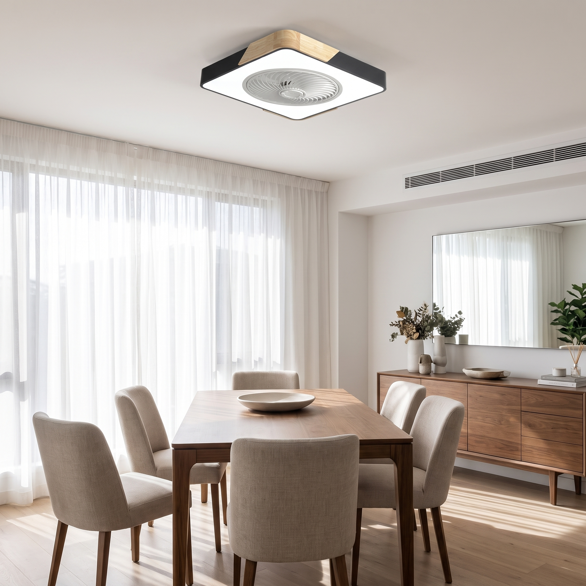 Aria Nordica black square ceiling fan light in a contemporary dining area, full room