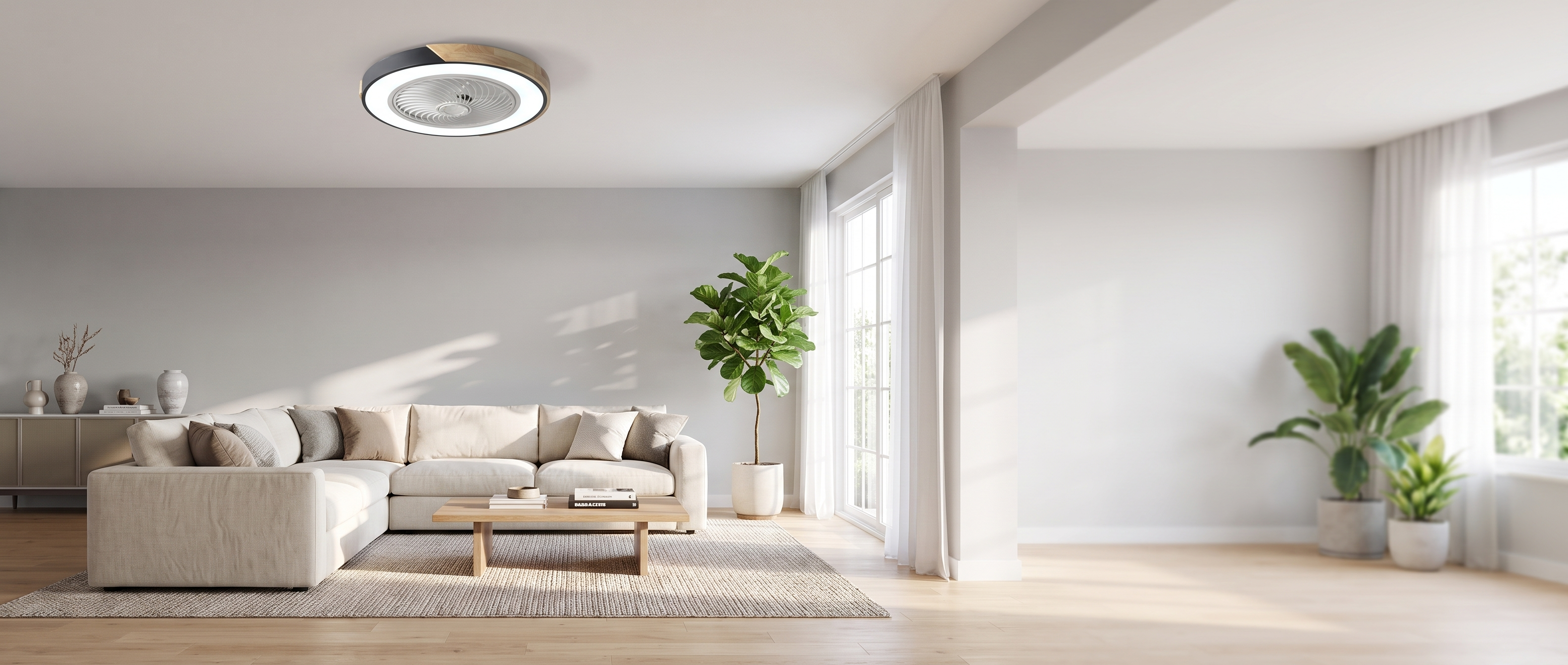 Aria Nordica black round ceiling fan light in a bright modern living room, wide banner