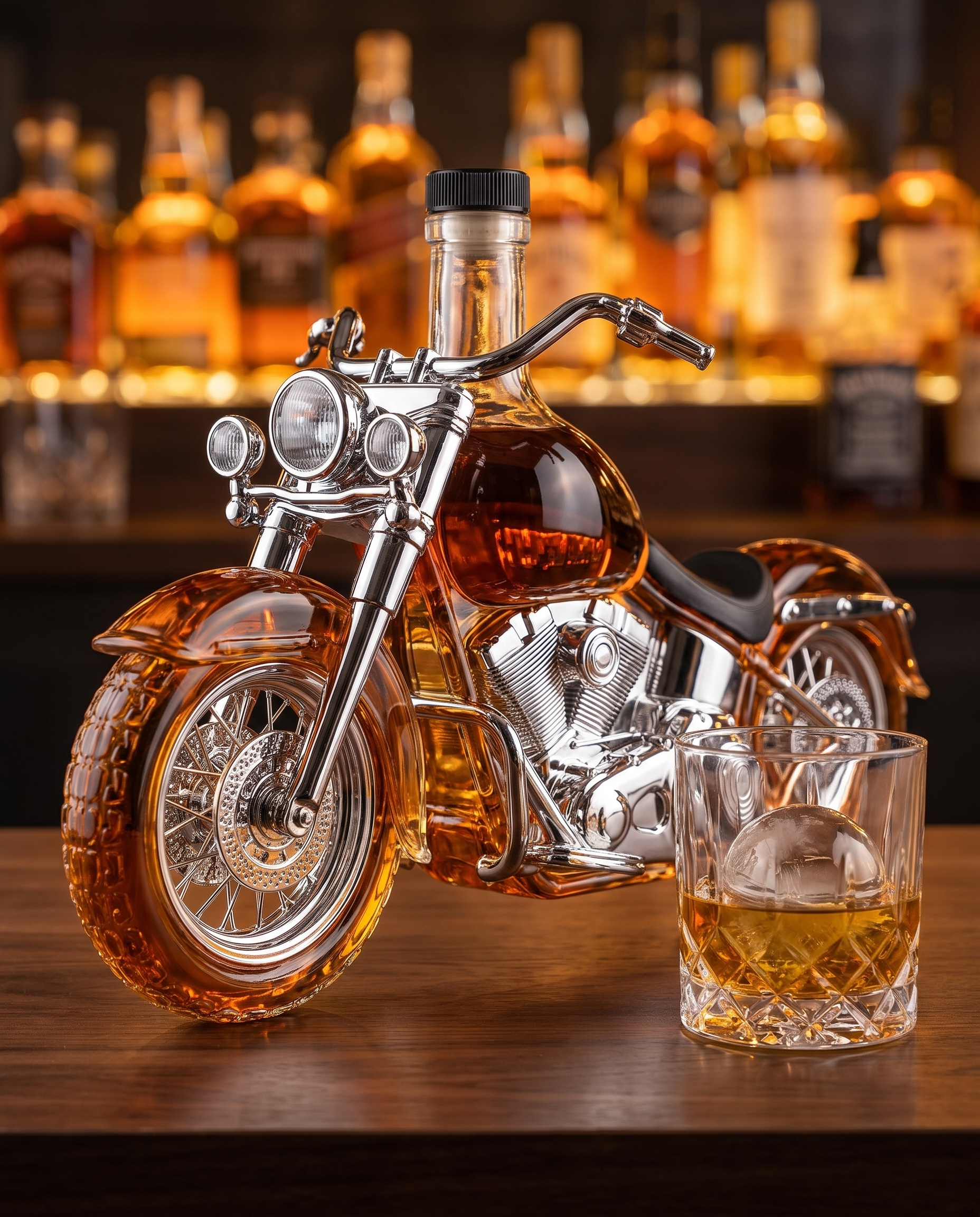 Rombo Motorcycle Whiskey Decanter on a home bar