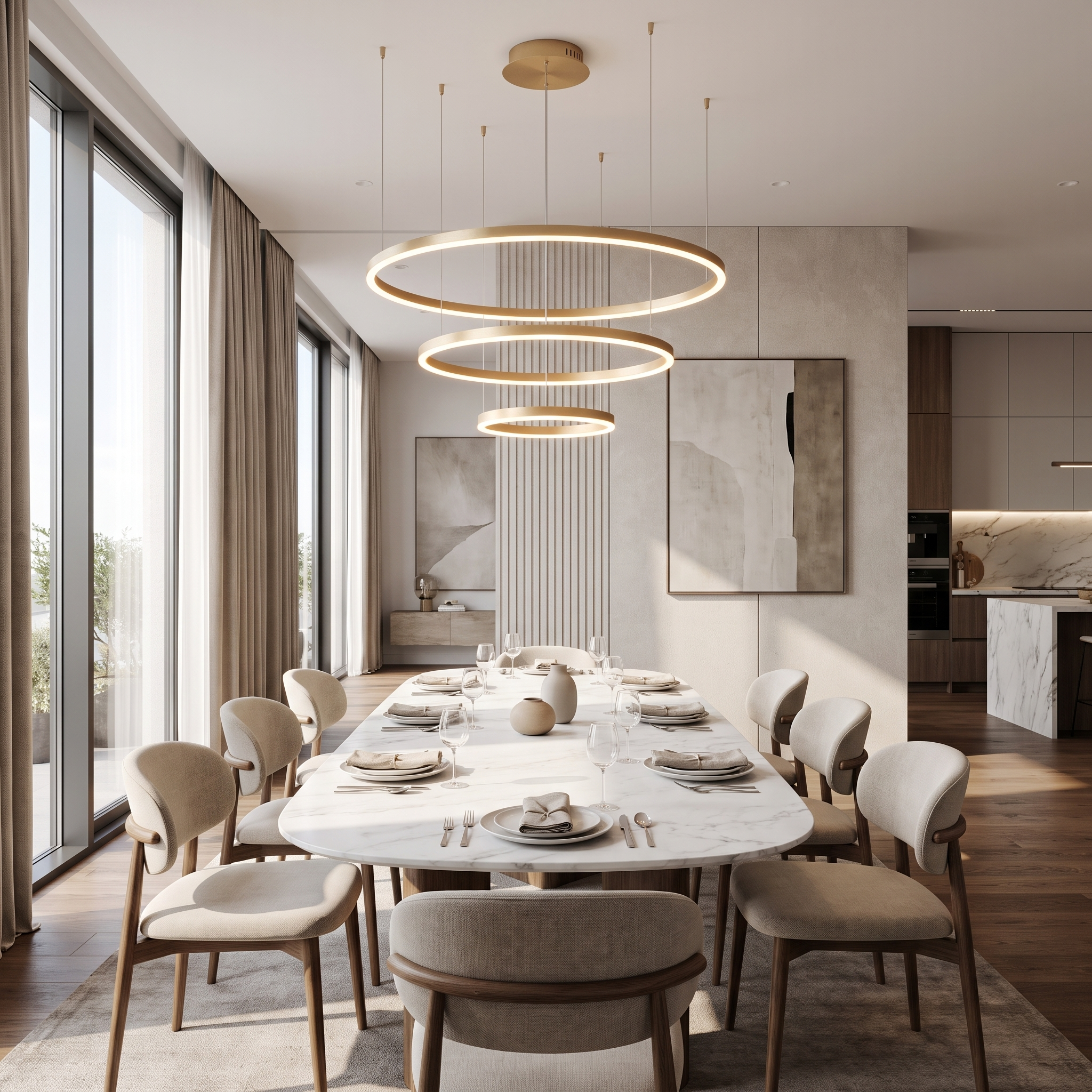 Gold ring pendant light with three rings over a dining table