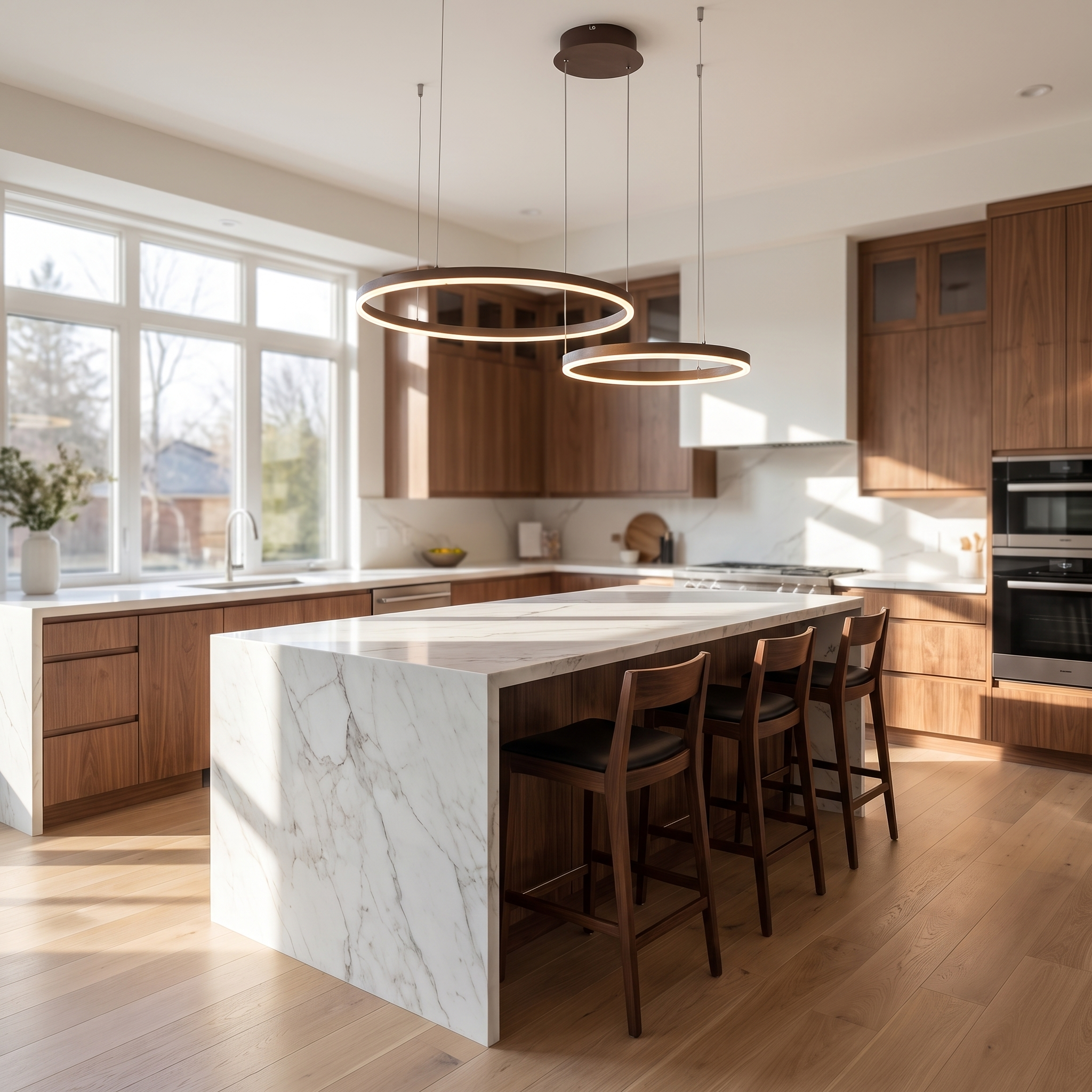Coffee brown ring pendant light with two rings over a kitchen island