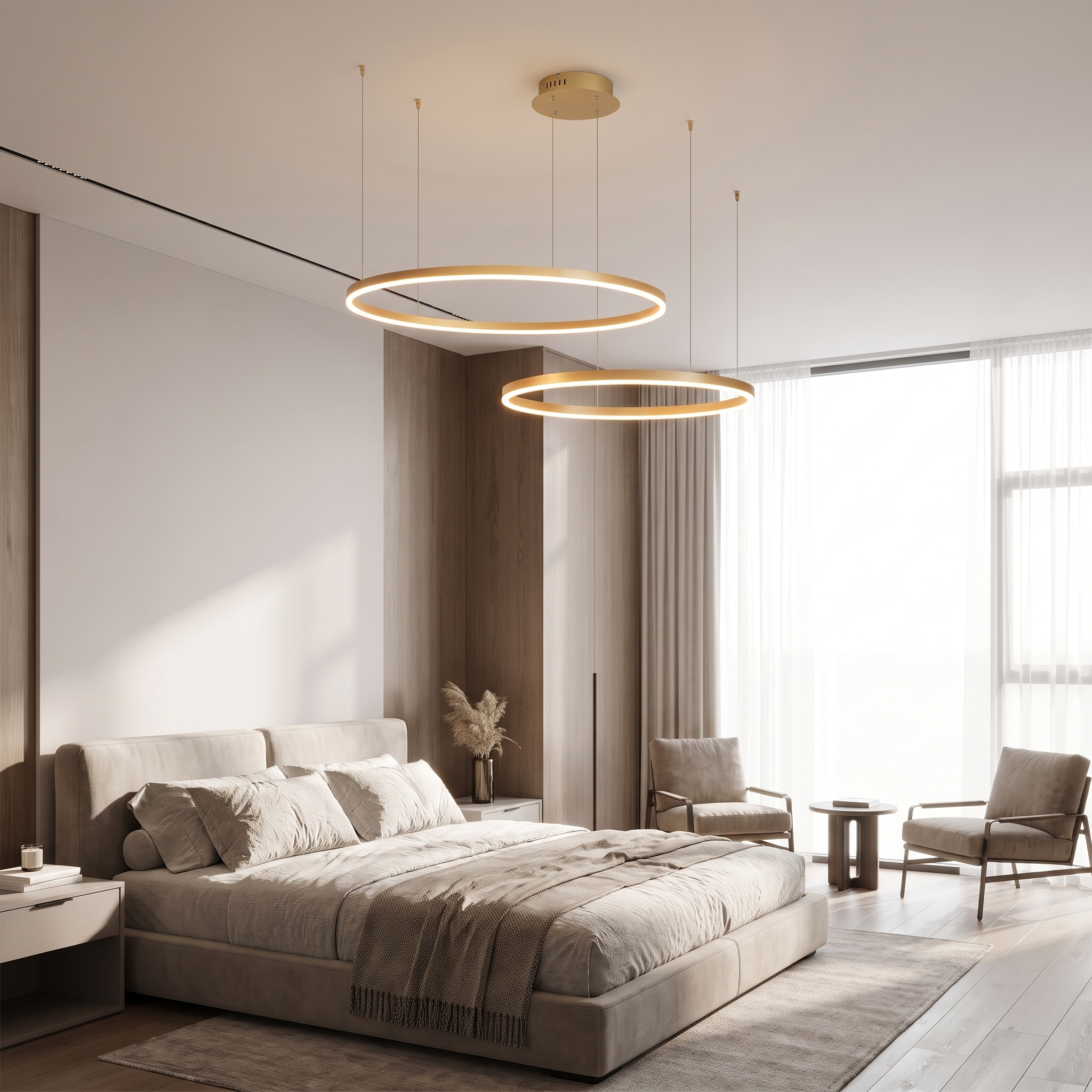 Gold ring pendant light with two rings in a bedroom