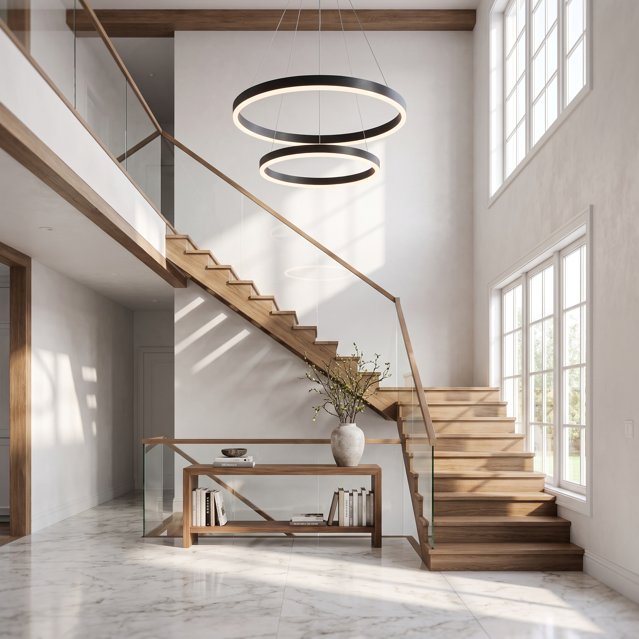 Black ring pendant light with two rings in a stairwell