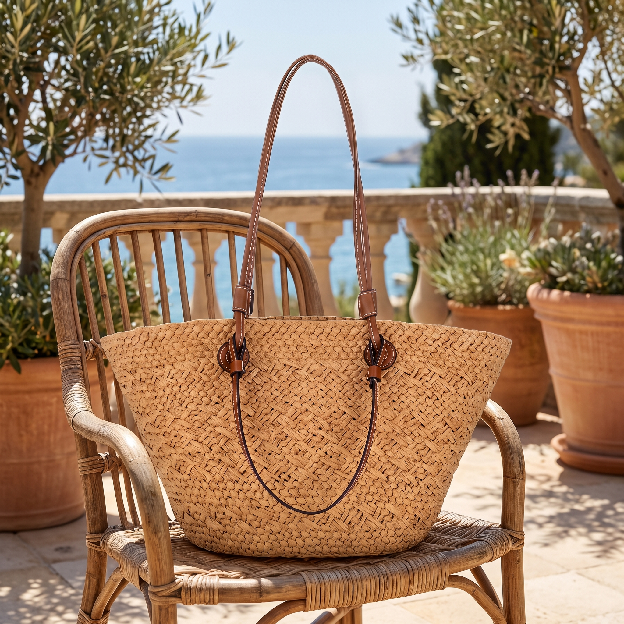 Brown straw tote on a rattan chair on a terrace