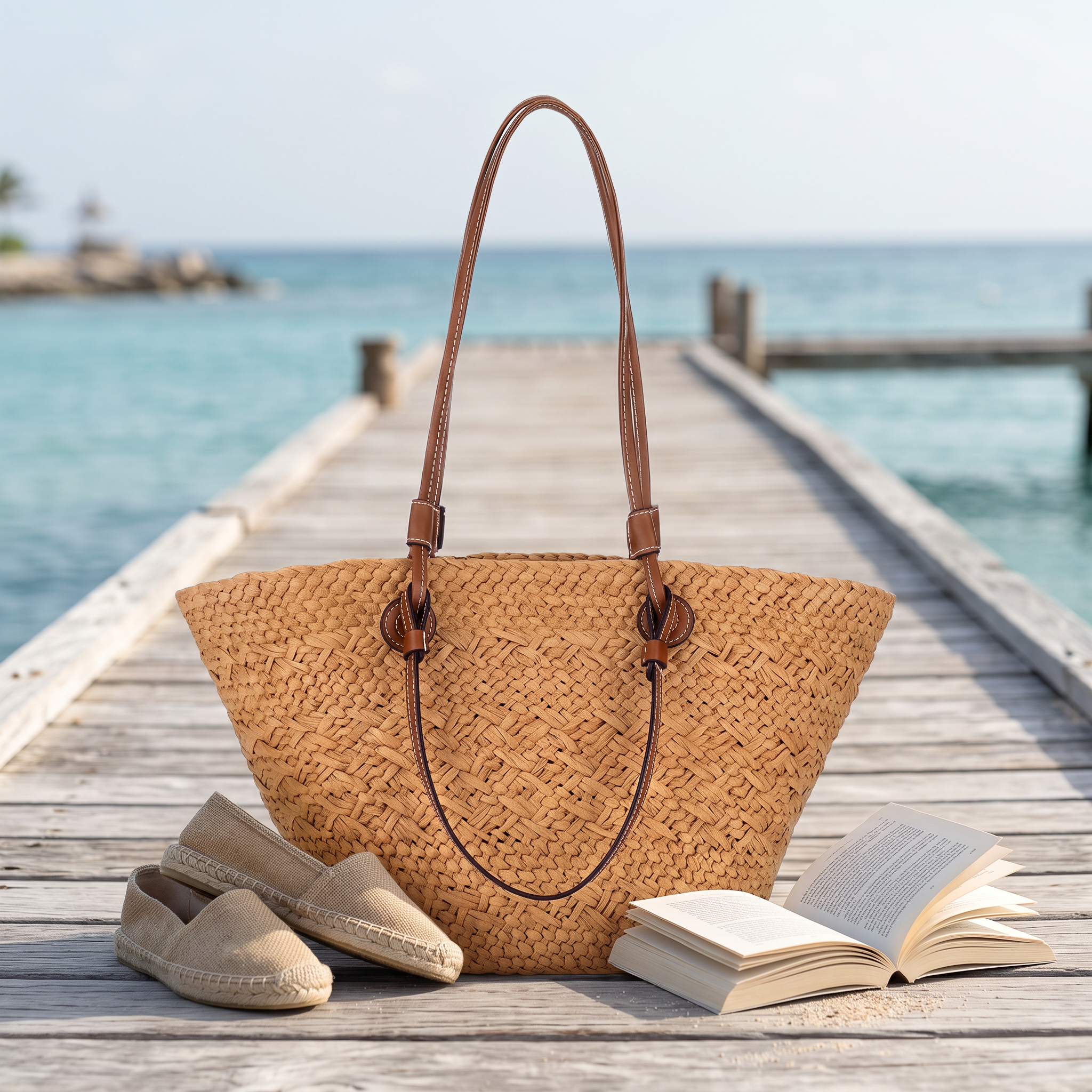 Brown straw tote on a wooden jetty by the ocean