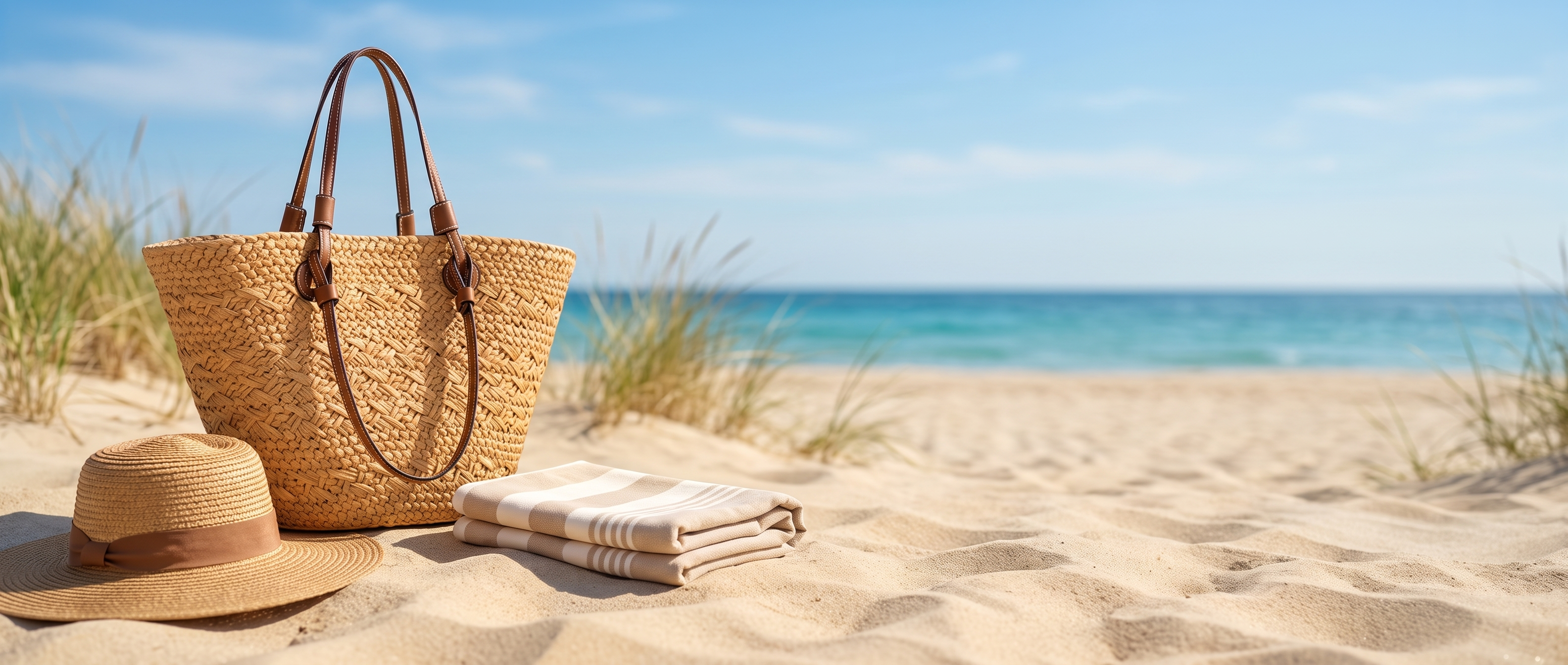 Brown straw beach tote on golden sand by the sea