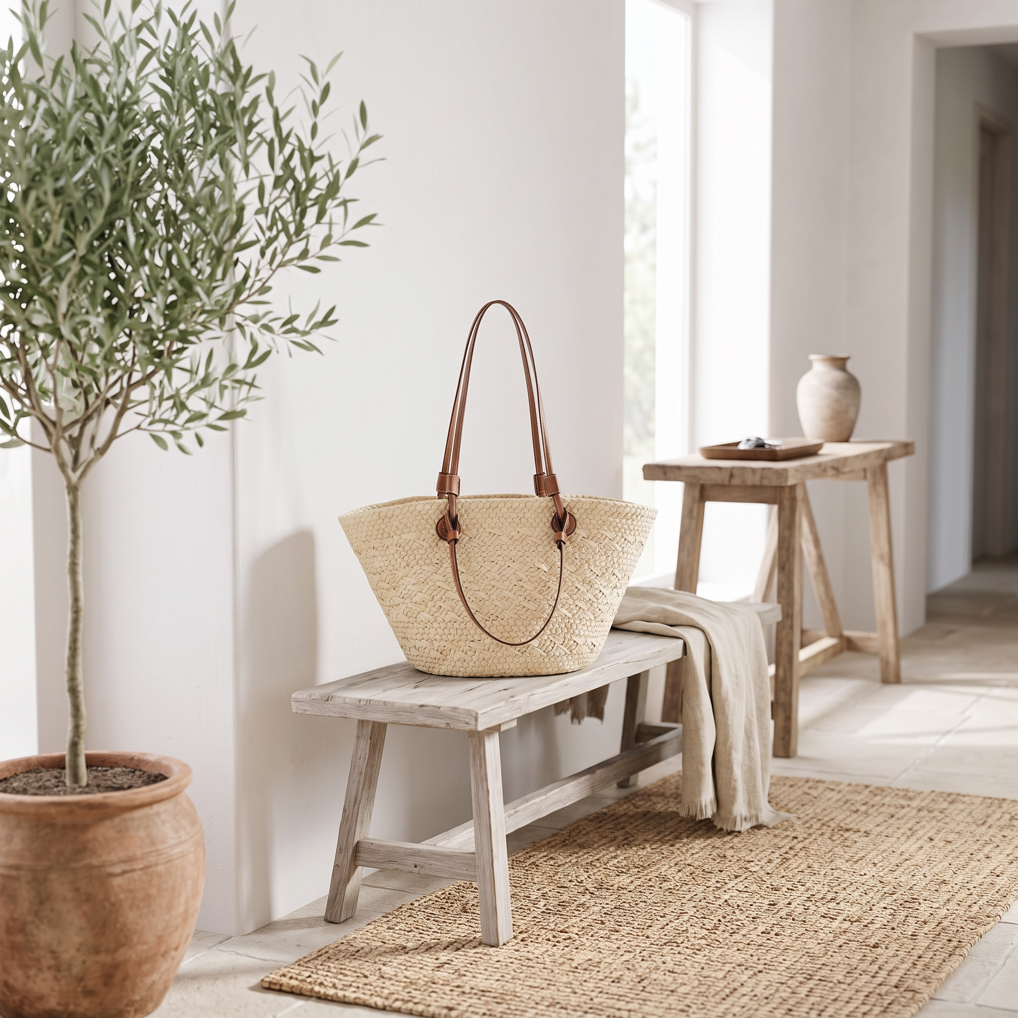 Cream straw tote on a bench in a bright entryway