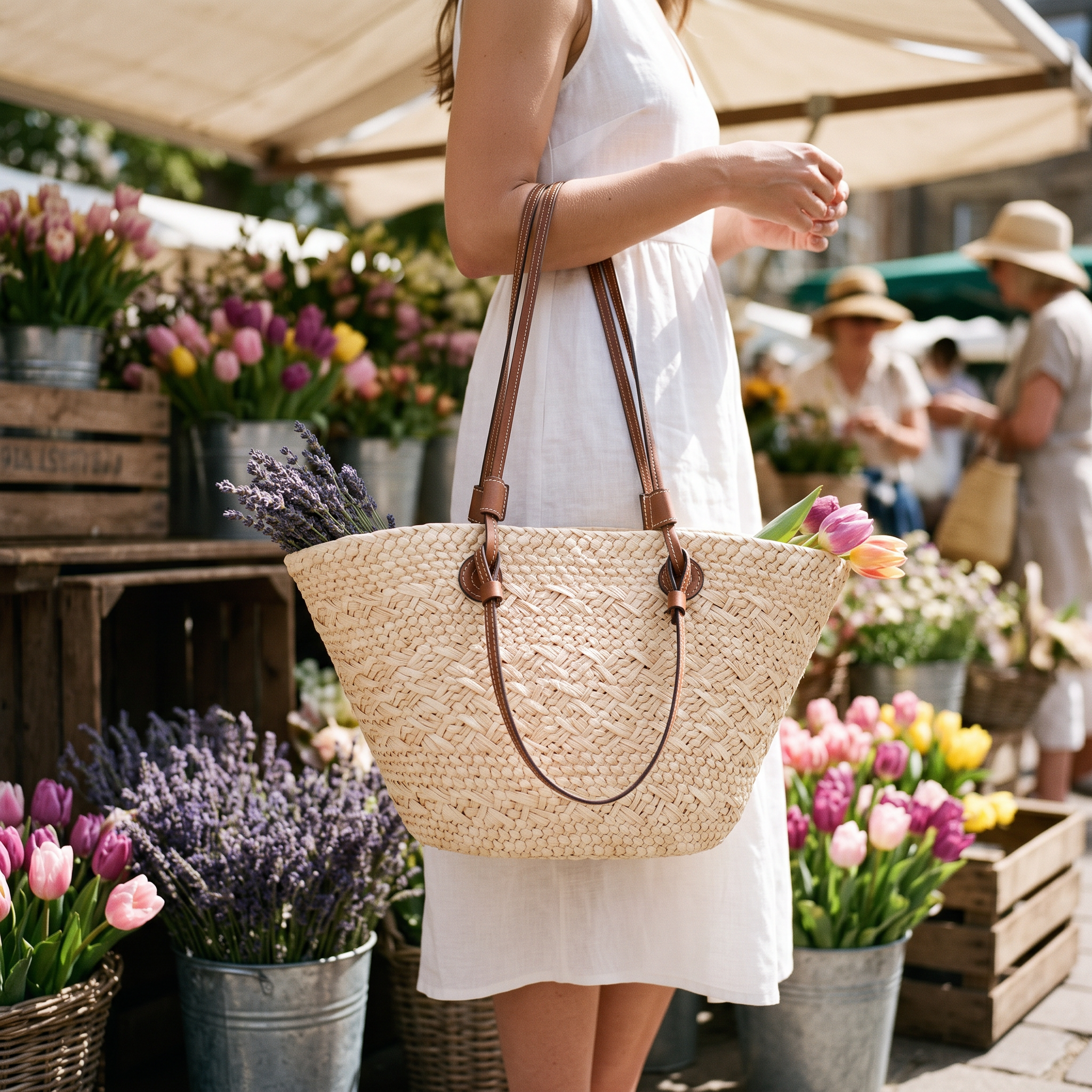 Woman carrying the cream straw tote at a flower market