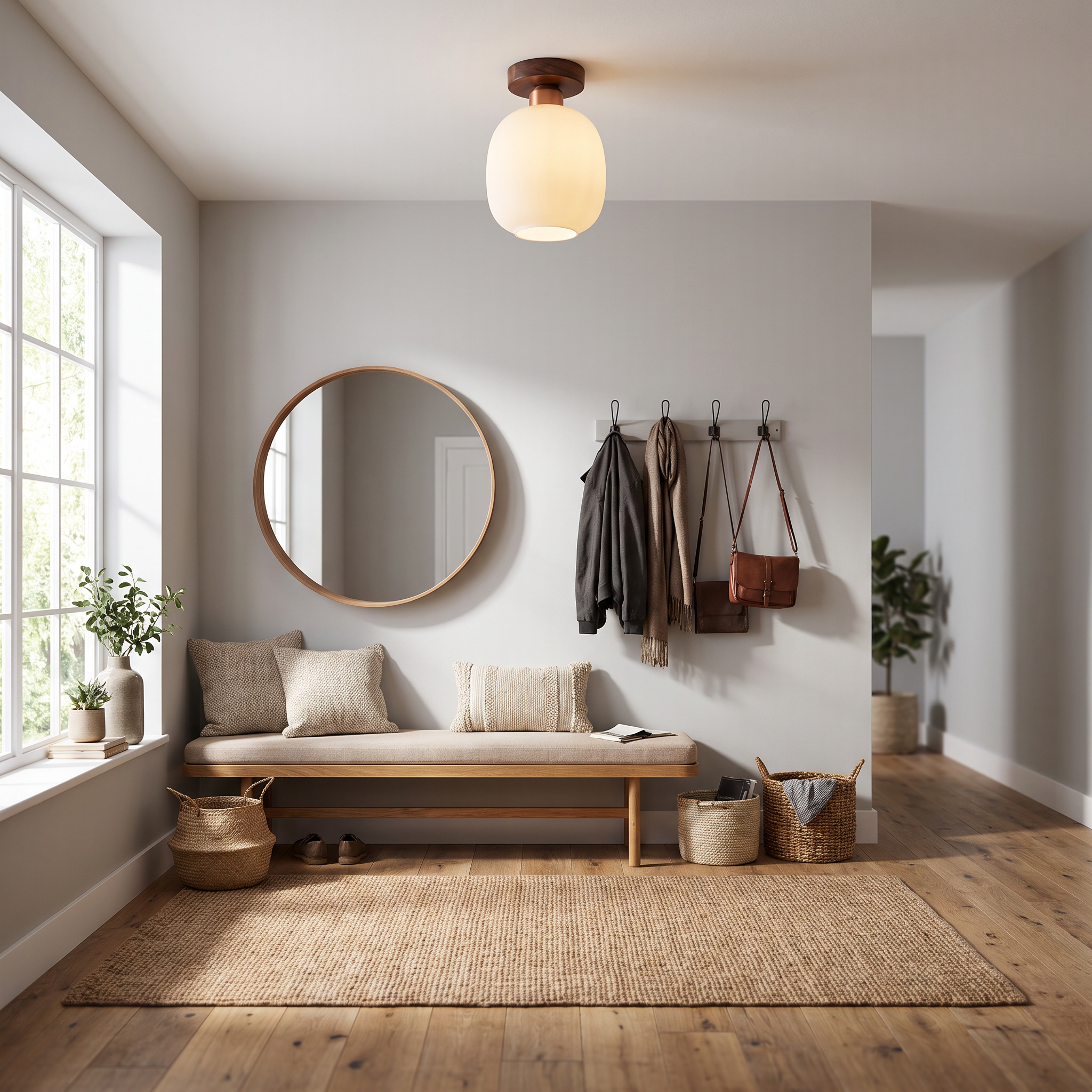 Walnut and glass dome ceiling lamp in a modern entryway