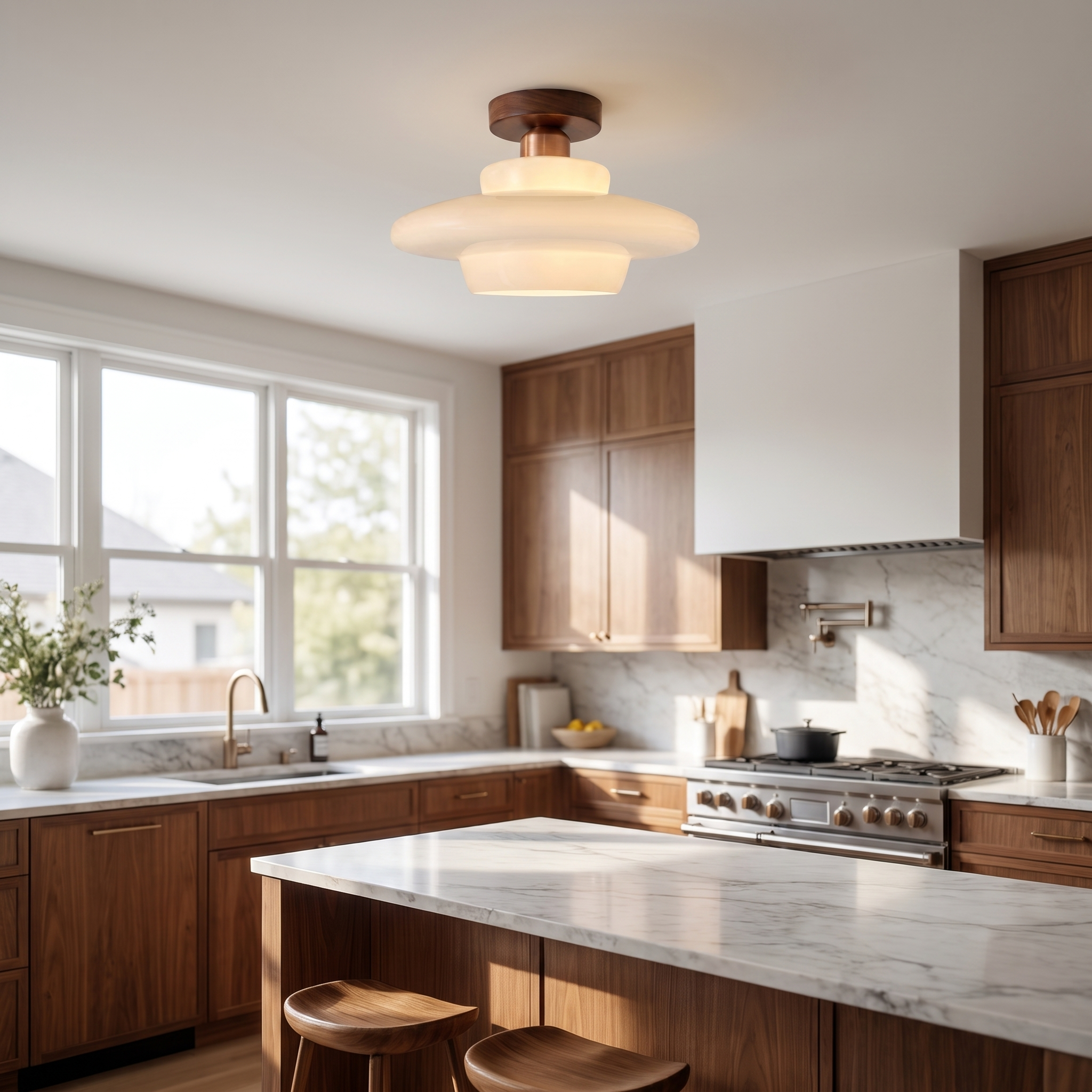 Walnut and glass saucer ceiling lamp in a modern kitchen