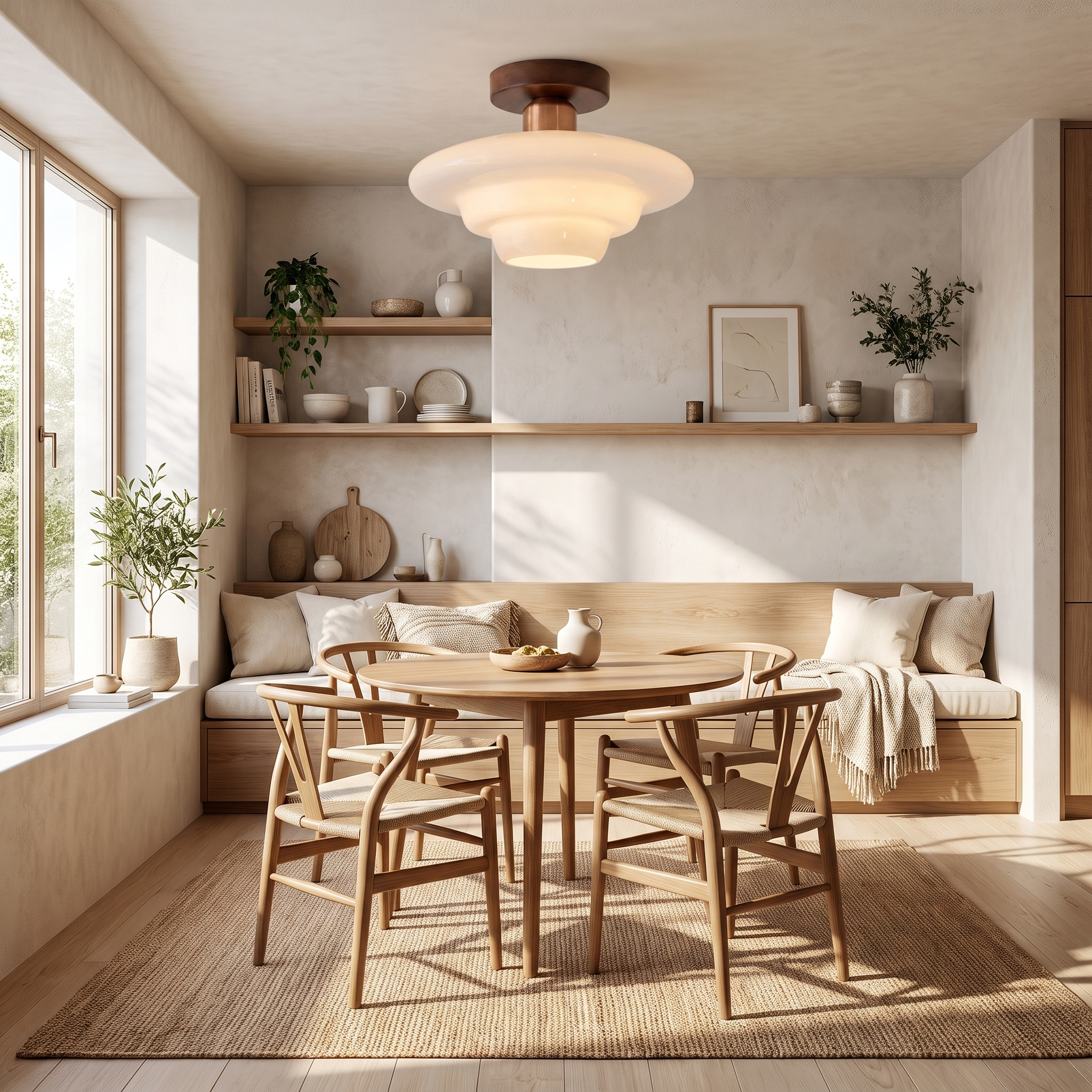Walnut and glass tiered ceiling lamp in a dining nook